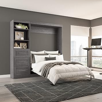 Bestar Pur Full Murphy Bed and Storage Unit with Drawers, 84-inch Space-Saving Wall Bed with Storage in Bark Grey