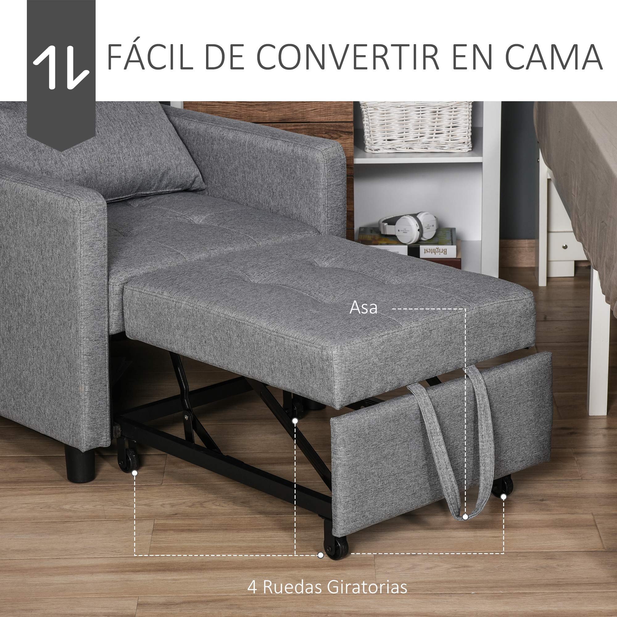 HOMCOM Sofá Cama de 1 Plaza 3 en 1, Sillón Cama Tapizado en Lino, con Respaldo Ajustable de 3 Niveles, Almohada Acolchada, para Oficina, Dormitorio, Salón, 69x82,5x84 cm, Gris