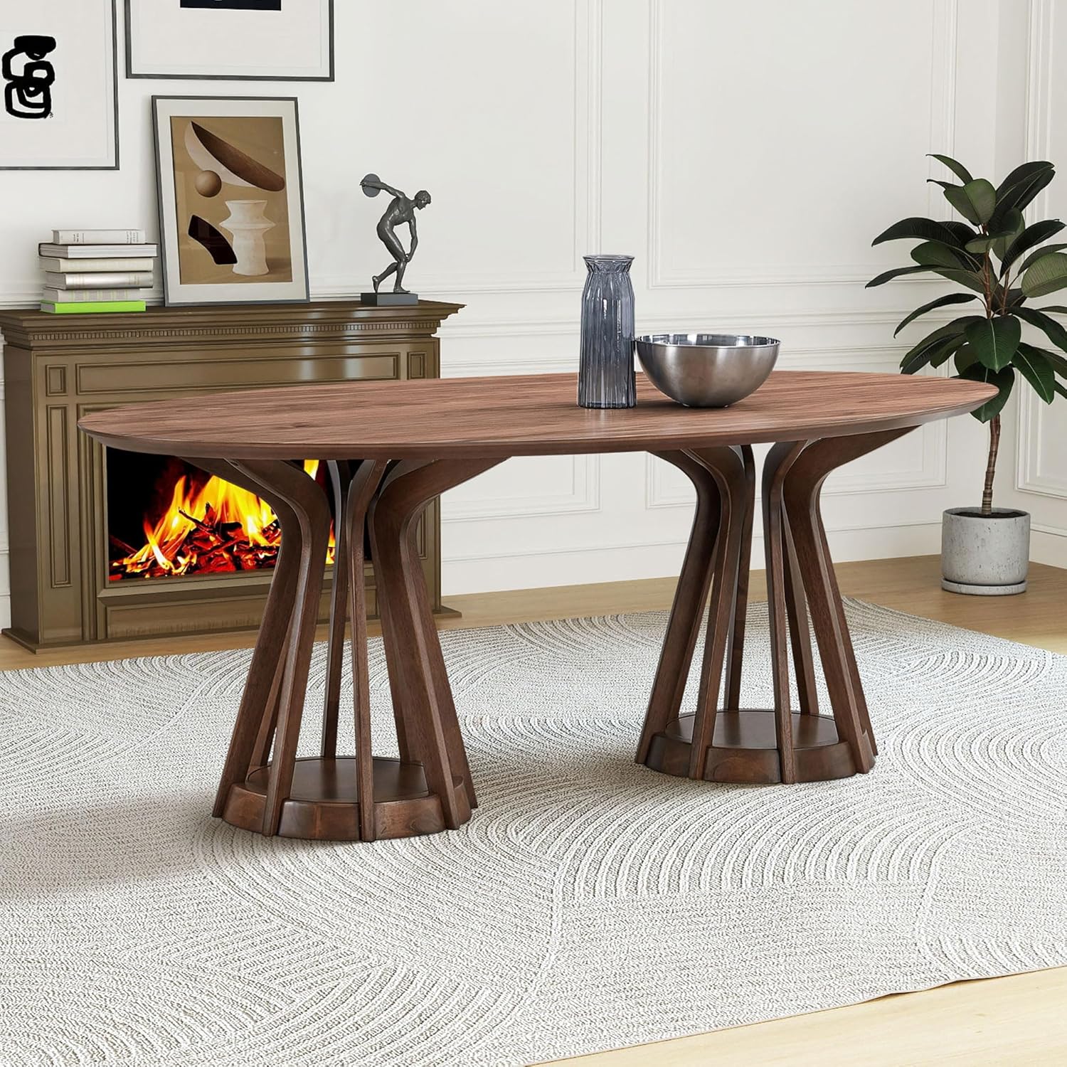 78.74 Inch Oval MDF Dining Table, Modern Walnut Table with Pedestal for Living Room, Restaurant, and Home Use