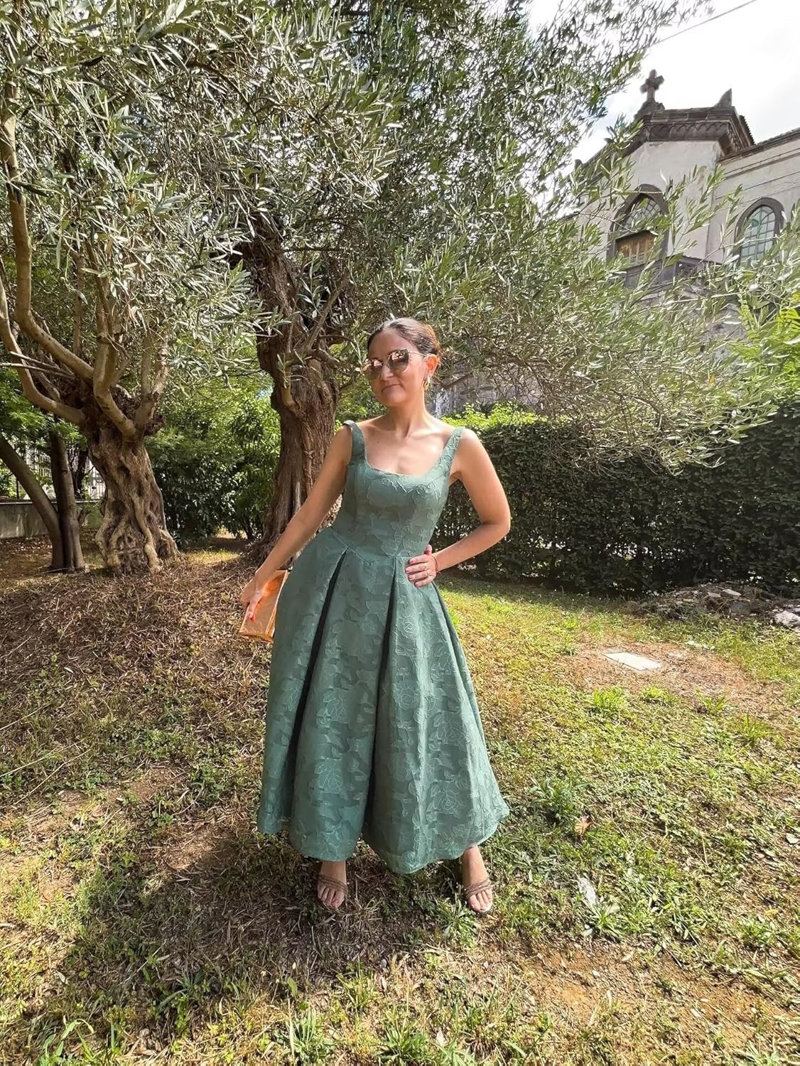 Smileven Floral Jacquard Satin Bridesmaid Dresses for Women Tea Length A Line Formal Wedding Guest Gowns