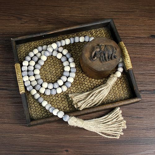 Miniatura 7 de CVHOMEDECO. Guirnalda de cuentas de madera con borlas estilo granja rústica, cuentas de oración de madera para colgar en la pared, acento para