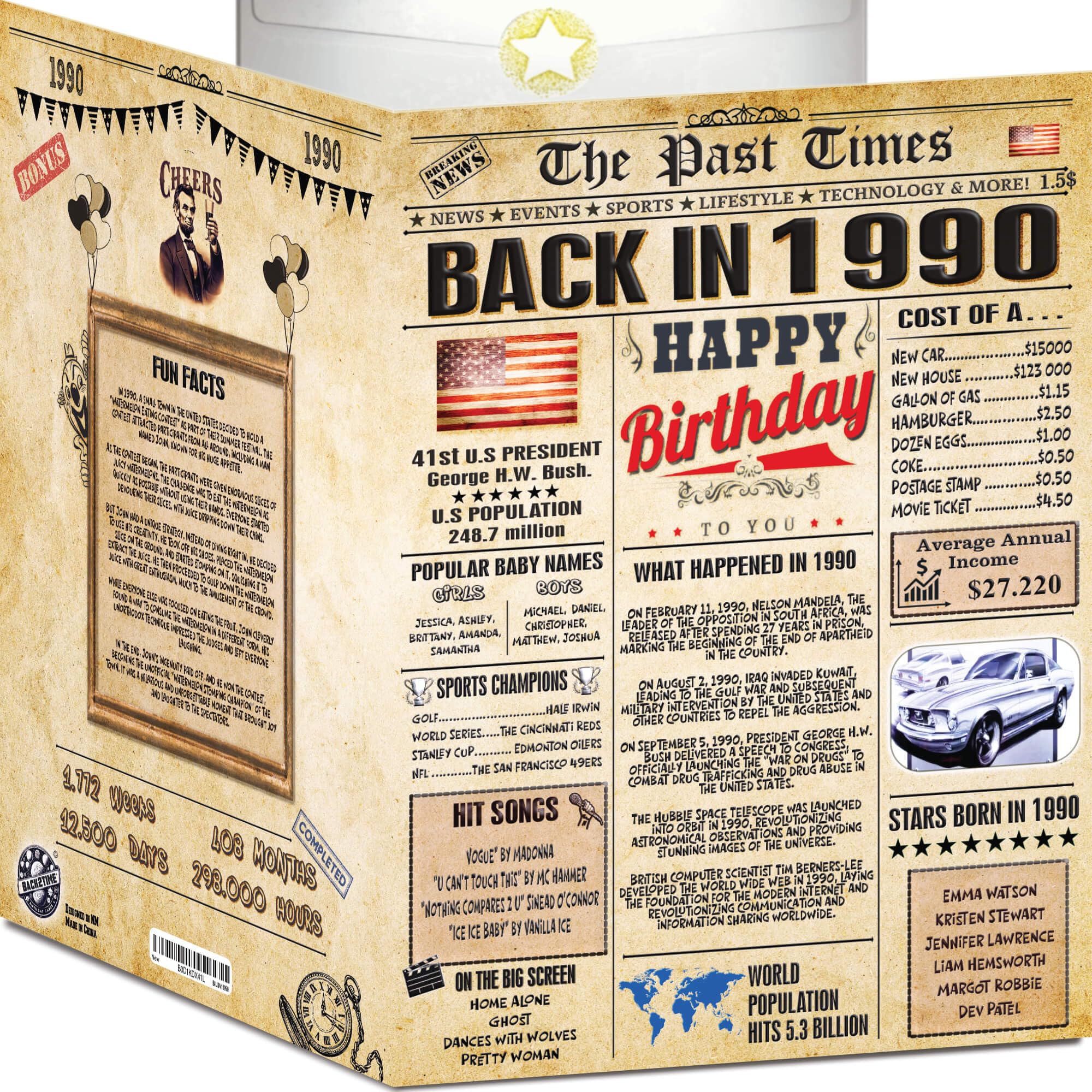 36th Birthday Card for Women Men - Back In 1990 Newspaper - 36 th Happy BIRTHDAY card - 36 birthday gift for Her Him - JUMBO size - 36th birthday
