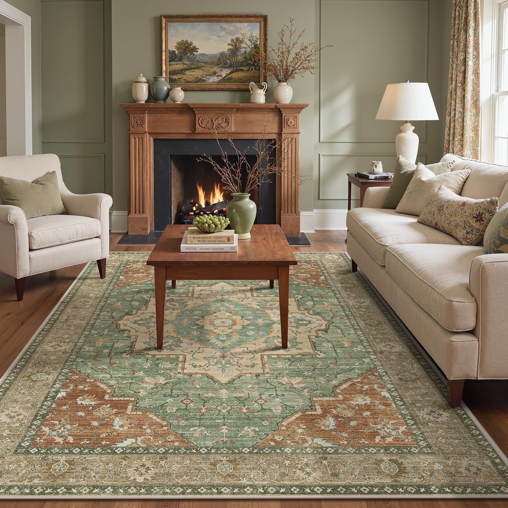 BEIMO Washable Rugs 160x230cm, Nursery Living Room Rug Oriental Distressed Design Area Rugs for Bedroom Soft Low Pile, Non-Slip Rugs for Living Room, Dining Room, Sage Green and Terracotta โ image 1