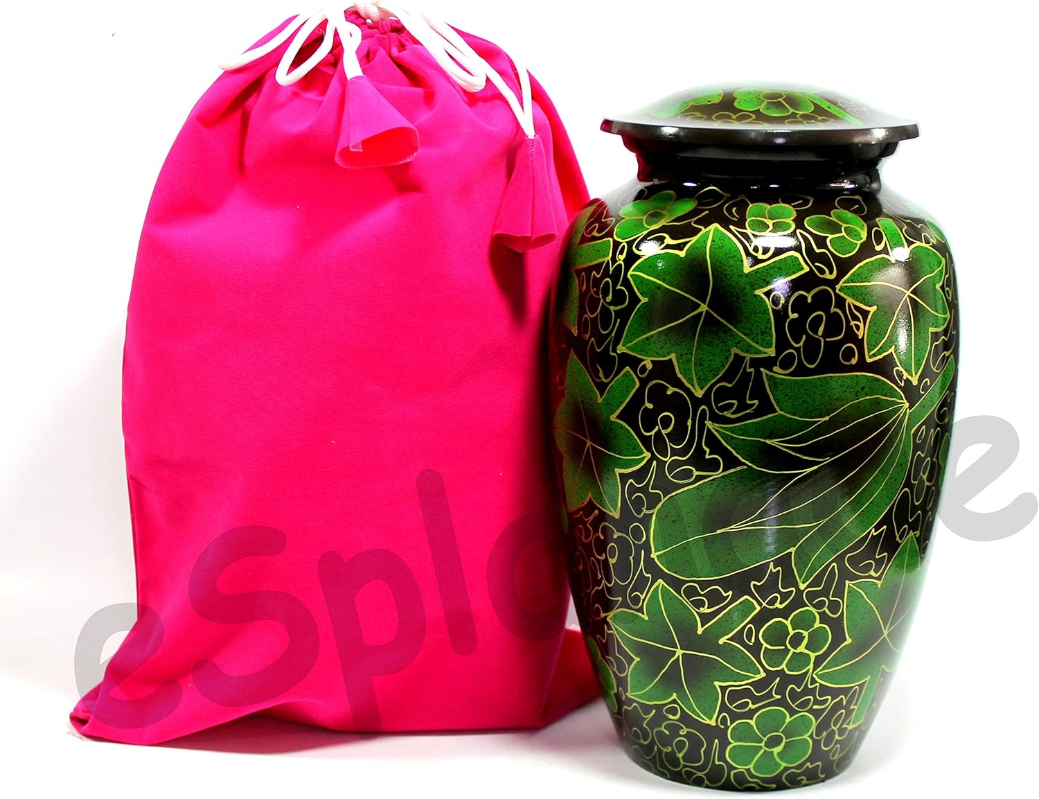 eSplanade Metal Cremation Urn Memorial Jar Pot Container | Full Size Urn for Funeral Ashes Burial | Maple Leaf Print | Green - 10" Inches