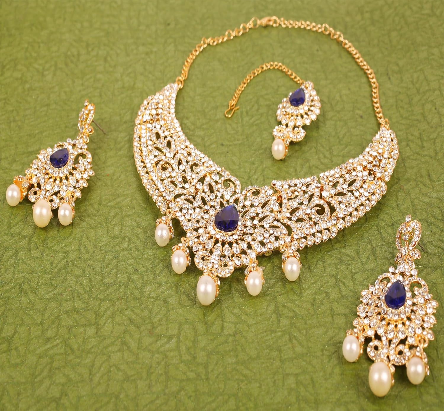 Touchstone Indian jewelry sets for women tikka wedding necklace costume guest statement bollywood rhinestones crystal faux pearls gold big royal neck piece set bridal fashion accessories - Image 9