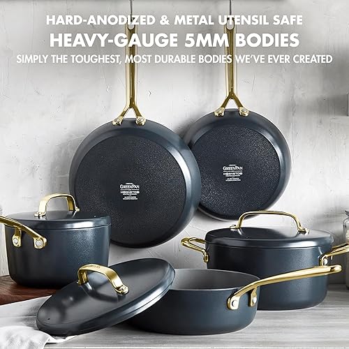 Miniatura 6 de GreenPan GP5 - Juego de ollas y sartenes de 14 piezas, cerámica anodizada dura, antiadherente, sin PFAS, asas de champán, calibre pesado, superficie