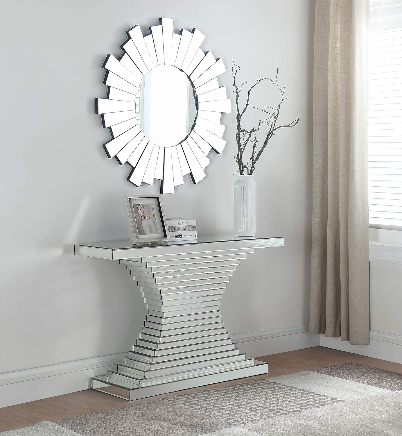Mirrored Geometric Sunburst Wood Console Table