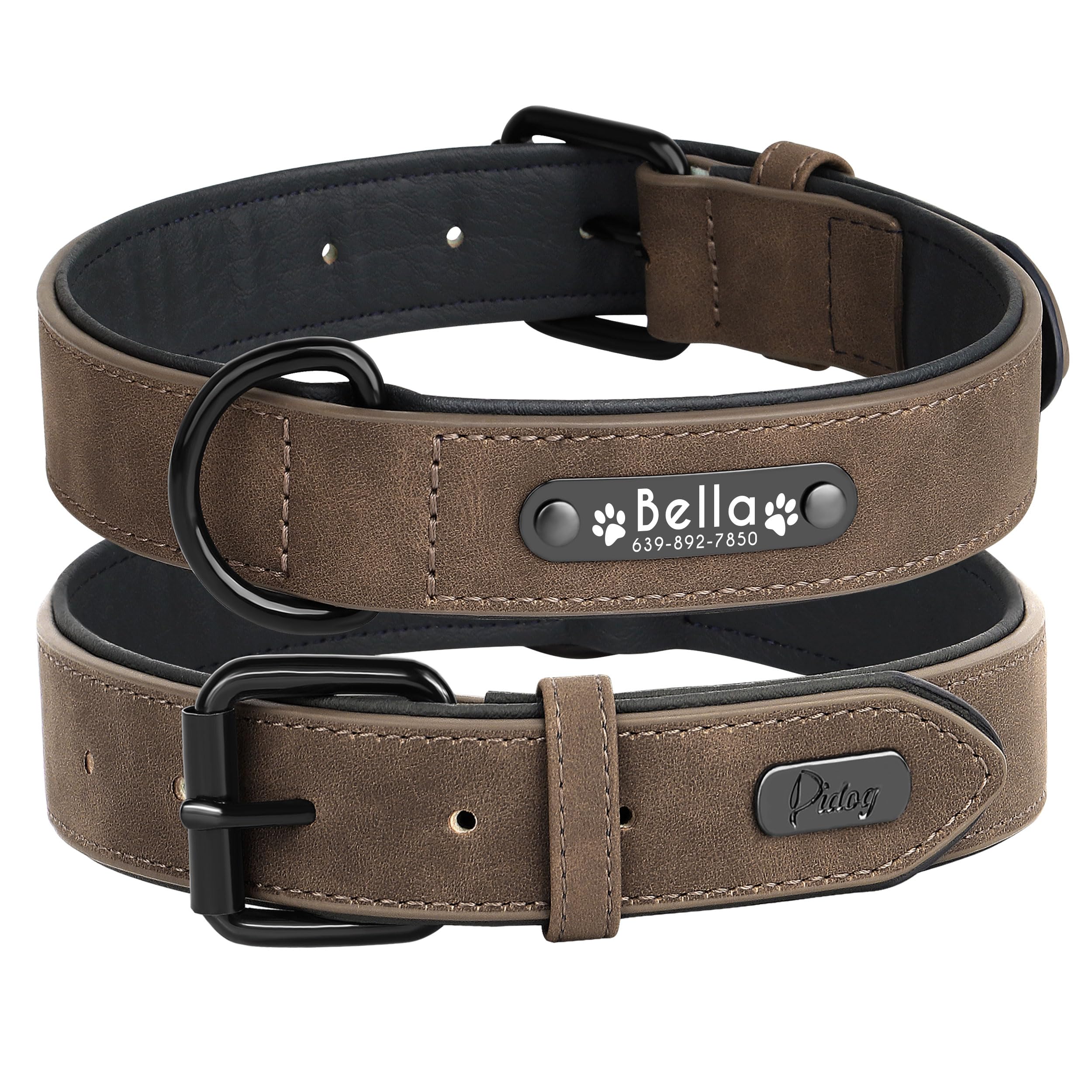 Didog - Collar de Piel Suave Acolchada Personalizable para Perro, Chapa de Nombre, Anilla en D, Collar Grabado para Perro, tamaños pequeño, Mediano y Grande