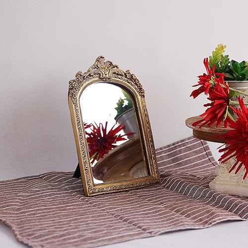 Miniatura 8 de Espejo de pared decorativo antiguo dorado pequeño para escritorio, espejo de mesa de arco tallado de resina con soporte para sala de estar,