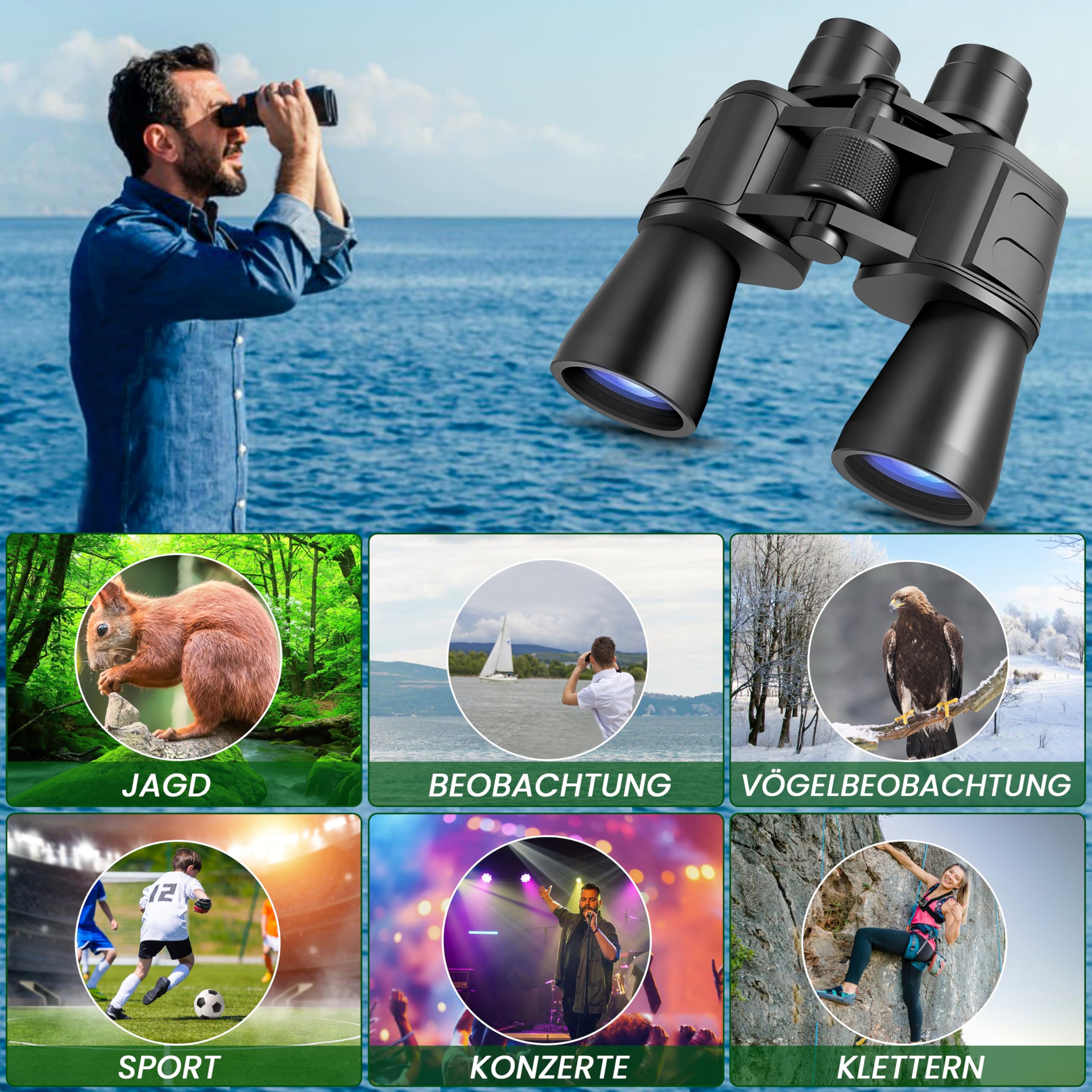 Prismáticos de calidad HD 20 x 50 | Potente cortadora de campo incluye bolsa, cubiertas de lentes y paño de limpieza, ideal para exteriores, senderismo, safari, caza, observación de