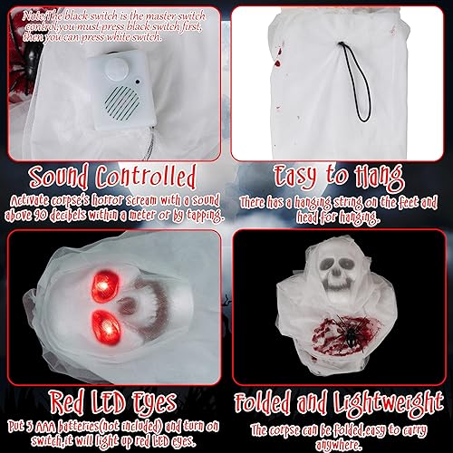 Miniatura 4 de jollylife Decoraciones de cadáver de capullo de Halloween para exteriores grito de terror con ojos LED iluminados, accesorios de casa embrujada,