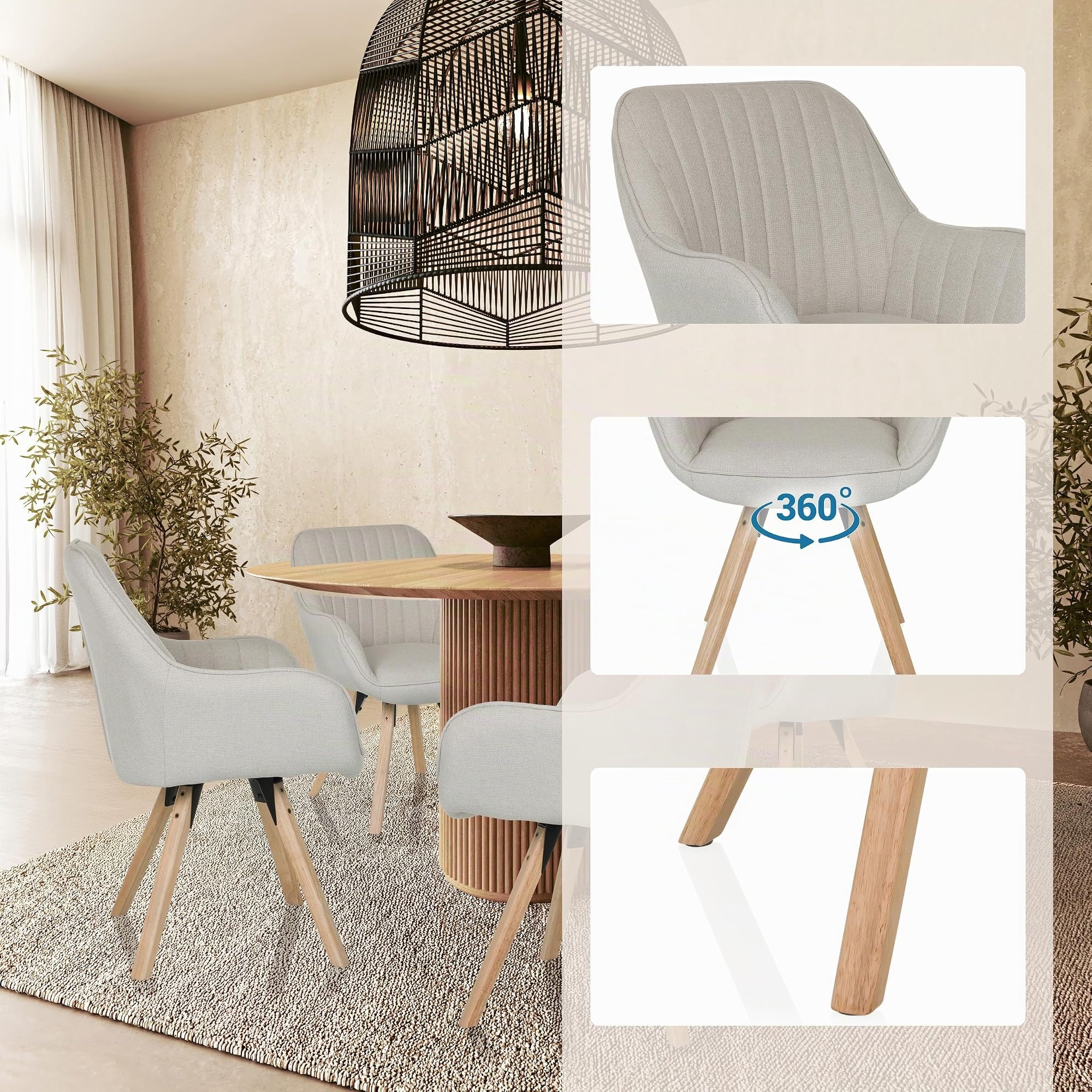 Silla de Comedor giratoria Scandi Soft Silla tapizada con reposabrazos y Patas de Haya, cómodamente Acolchada, tapizado de Tela Crema