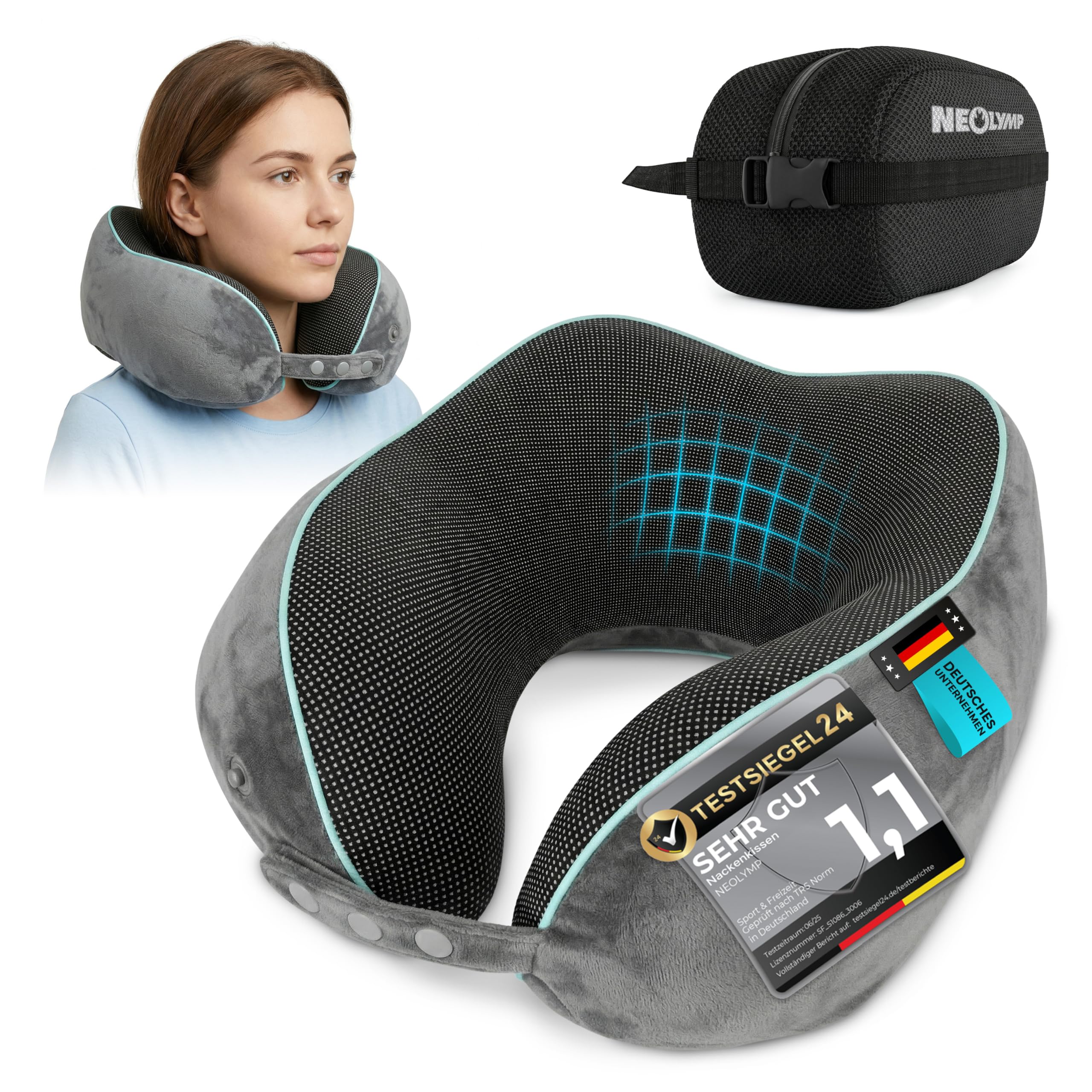NEOLYMP Nackenkissen Flugzeug mit Kinnstütze verhindert Vorfallen des Kopfes – Memory Foam Reisekissen mit 360° Support & schlanker Rückseite – Tasche & Kofferband (Nackenkissen verstellbar)