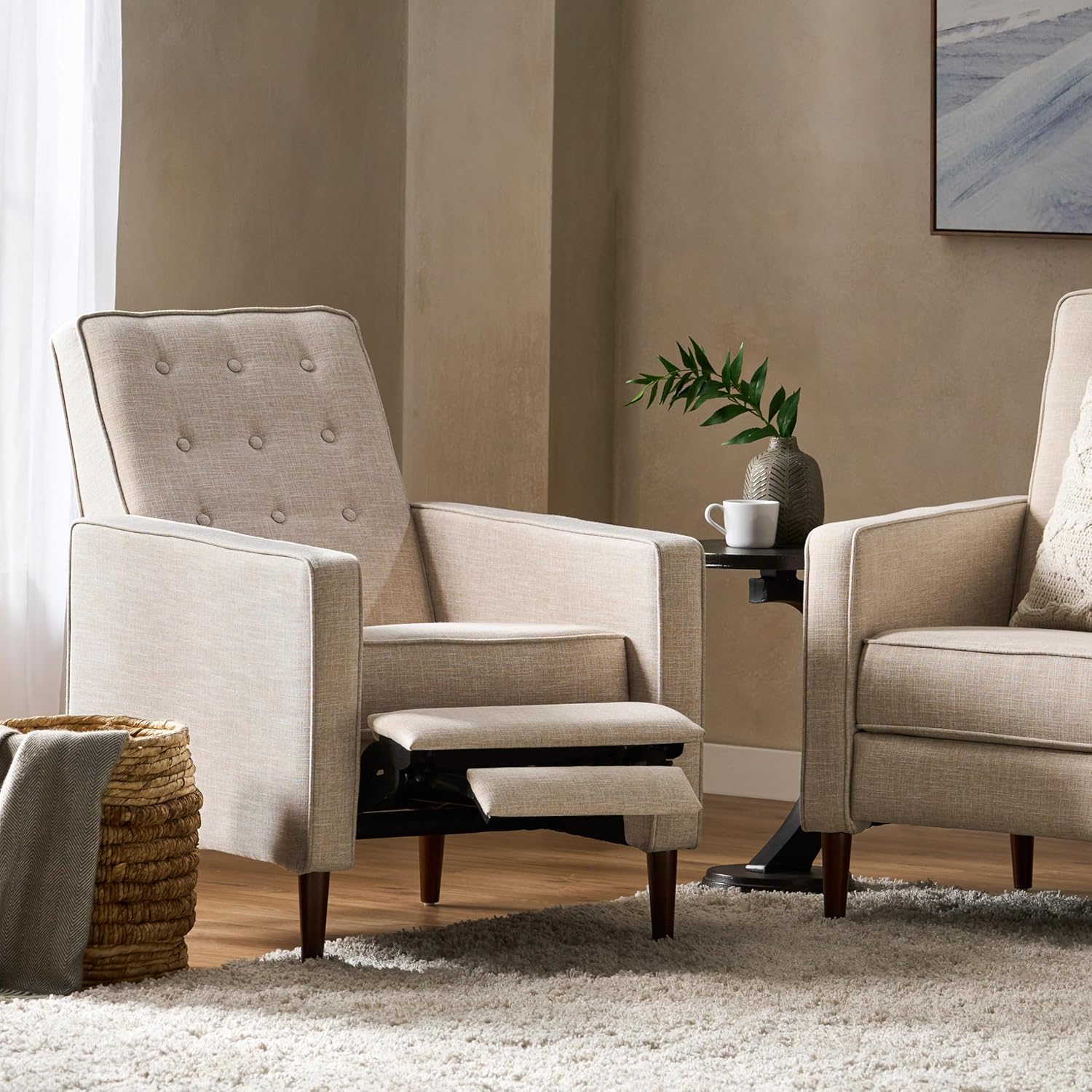 CITYLIGHT Mid Century Modern Accent Chair, Single Recliner Sofa with Thicker Seat Cushion and Wood Legs, Fabric Upholstered Lounge Chair for Living Room, Bedroom, Office, Beige