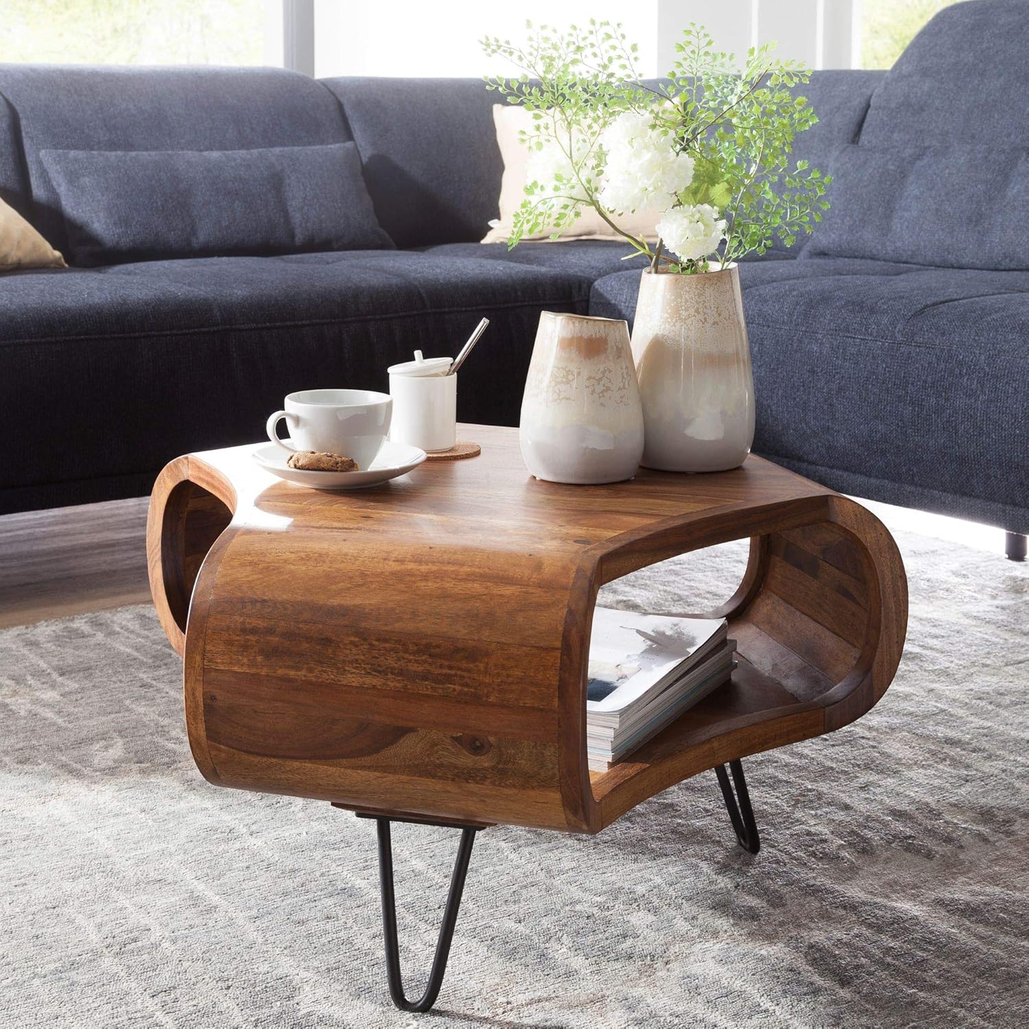 Table Basse Design En Bois Massif BOLT 70cm Marron Finition Pierre De