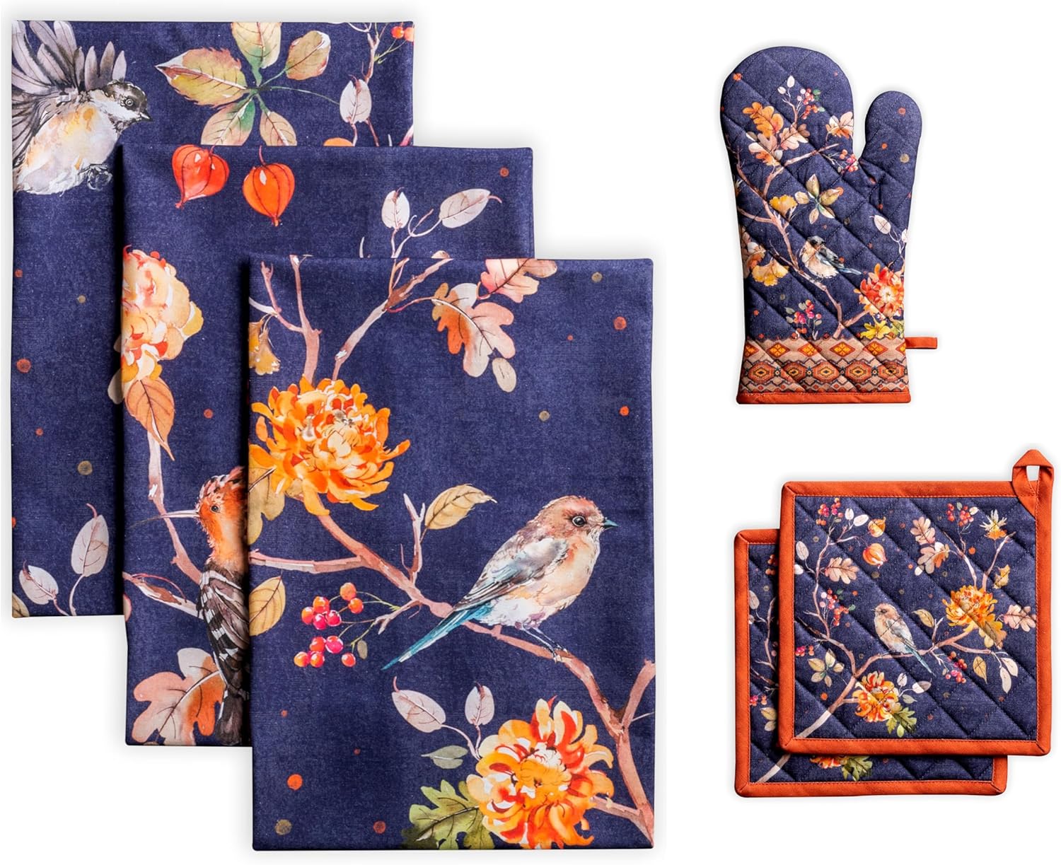 Maison d' Hermine Kelim - Infinity Bundle Set 100% Cotton Set of 3 Kitchen Towels (20 Inch by 27.5 Inch) and Oven Mitt (7.5 Inch by 13 Inch)/Set of 2 Pot Holder (8 Inch by 8 Inch)