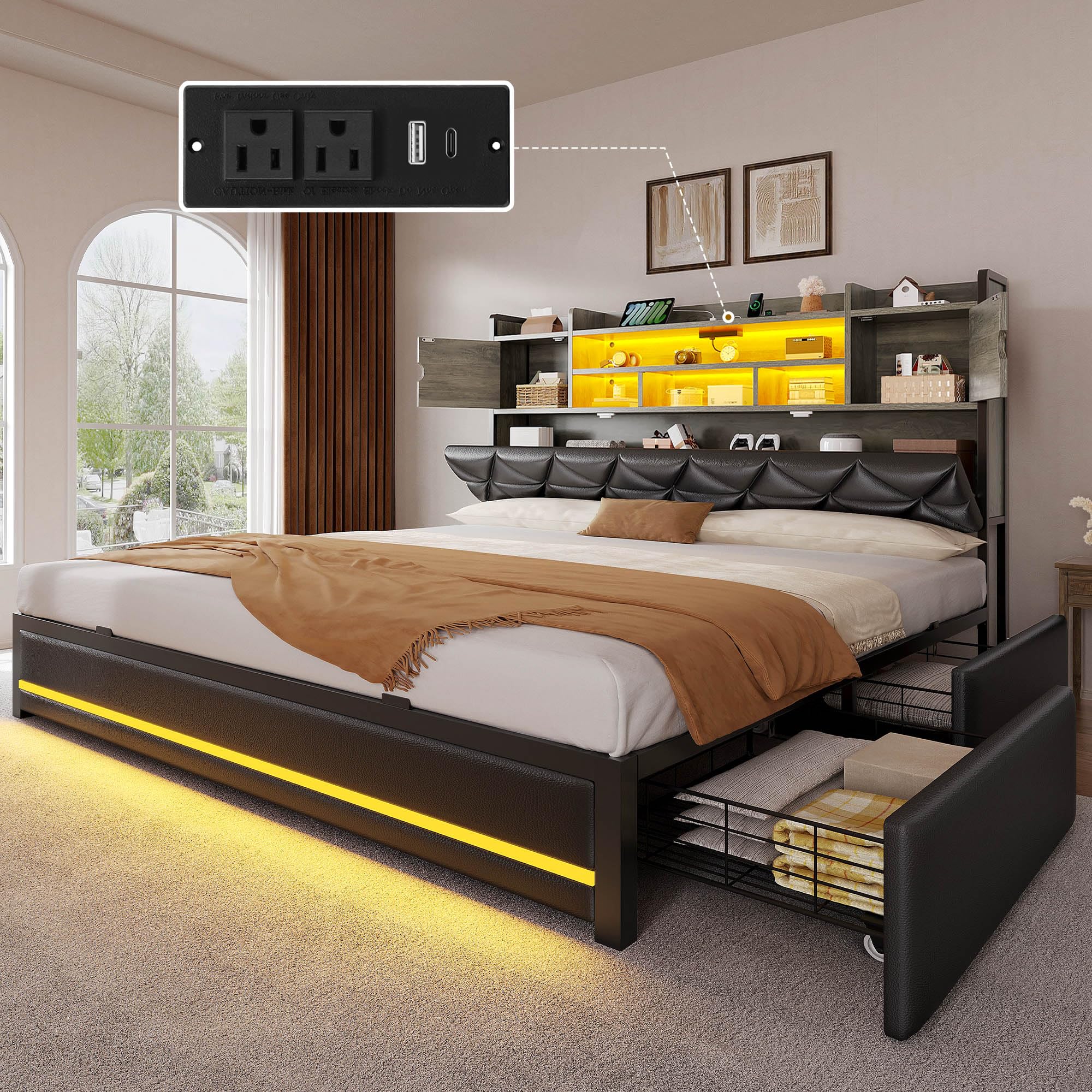 YITAHOME King Size Bed Frame with RGB LED Lights & Storage Bookcase Headboard, Upholstered Bed with Charging Station and 4 Drawers, No Box Spring