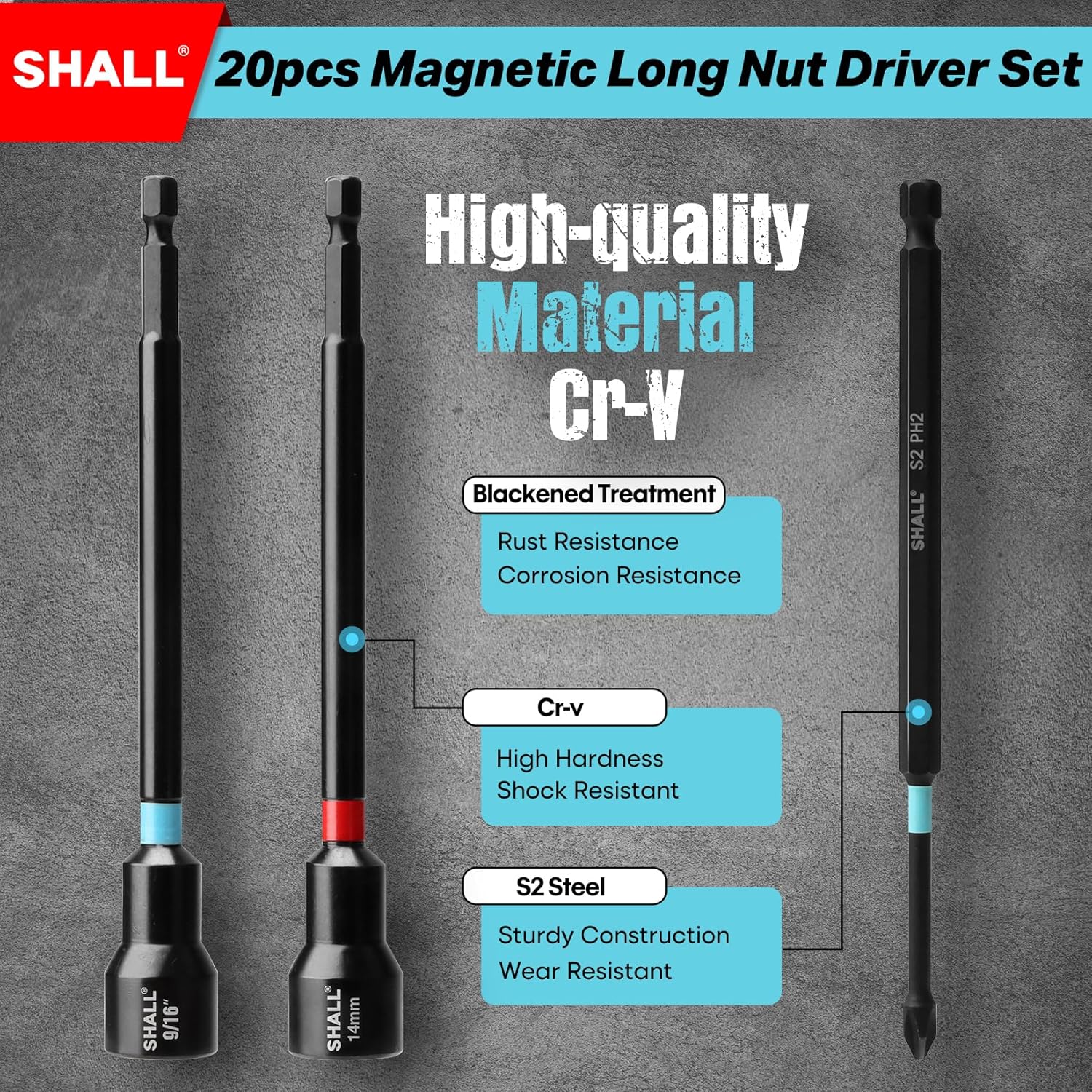 SHALL 20PCS Magnetic Nut Driver Set, 6” Long Nut Drivers for Impact Drill, SAE & Metric 1/4” Hex Shank Nut Driver Bit & Impact Drill Driver Bit w/Power Screwdriver Bits PH1/PH2/SQ2/T20, Storage Bag - Image 4