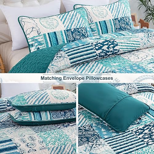 Miniatura 6 de Dinjoy Juego de edredón de verano con diseño náutico de océano, tamaño individual, beige, azul, verde, playa, temática costera, juego de ropa de