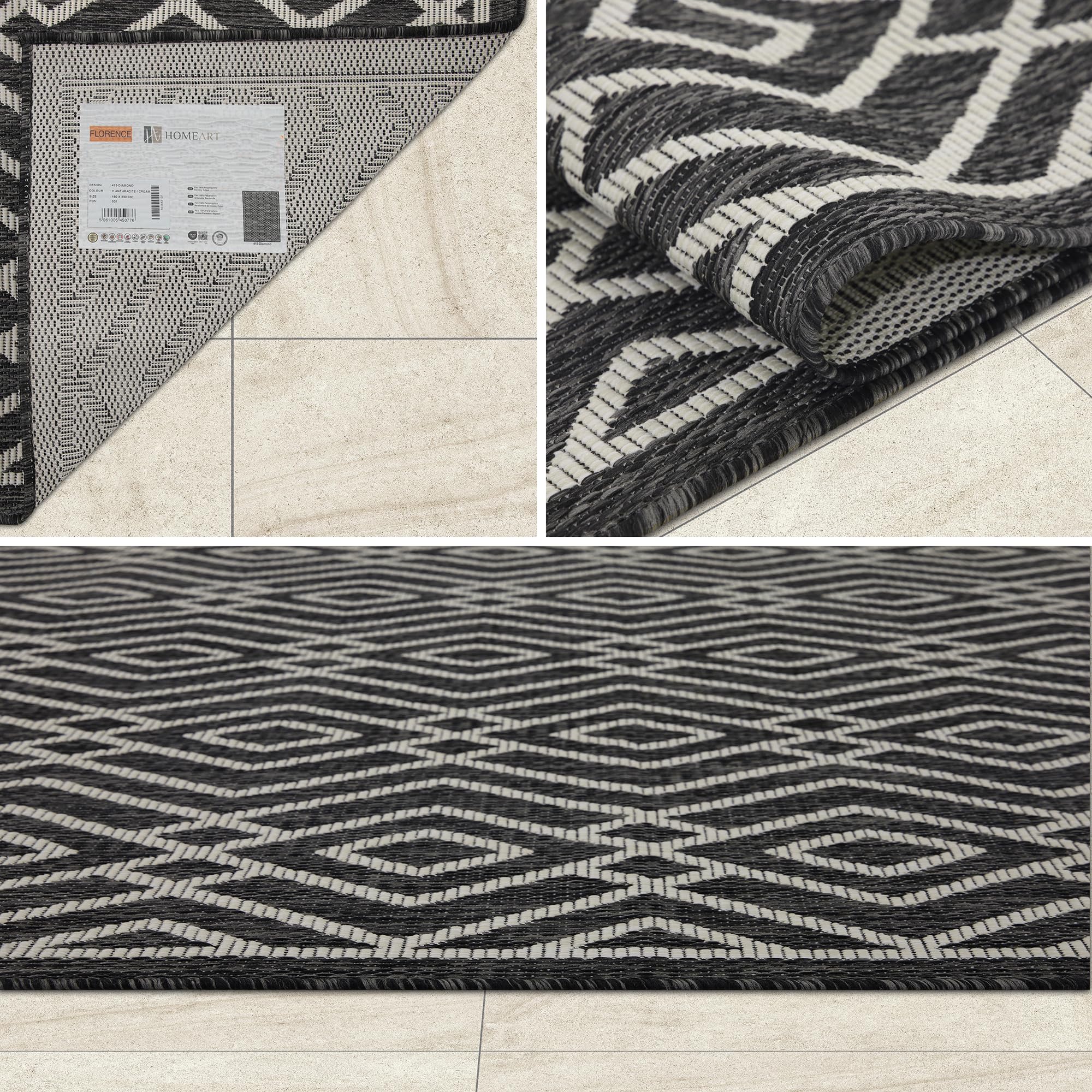 HomeArt Outdoor Rugs | Easy-Cleaning Indoor & Outdoor Area Rugs for Porch, Deck, Balcony, Garden, Picnic, Kitchen, Hallway | UV & Weather-Resistant Large Patio Rug Mats | Anthracite Cream 200 x 290 cm — view 363