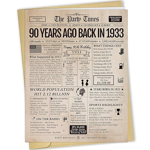Spercy Jumbo 90th Birthday Card for Grandma Grandpa, Vintage Back in 1933 Birthday Card for Women Men, Birthday Gift for 90 Years Old Grandparents
