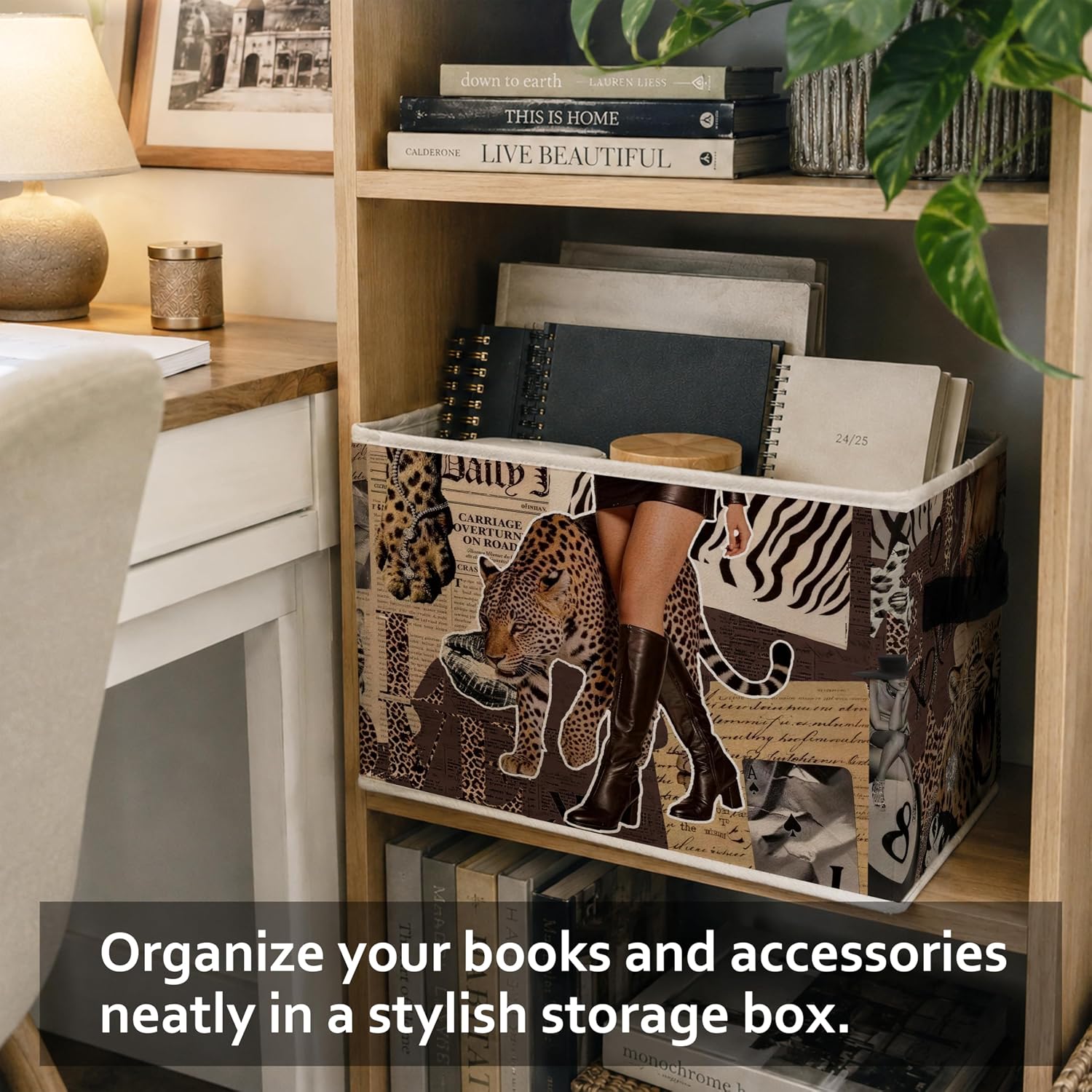 Trendy Retro Leopard Storage Bins Box, Funky Cheetah Print Brown Collapsible Storage Basket Clothes Toys Books Organizer for Dorm Apartment Bedroom Laundry Room Home Decor