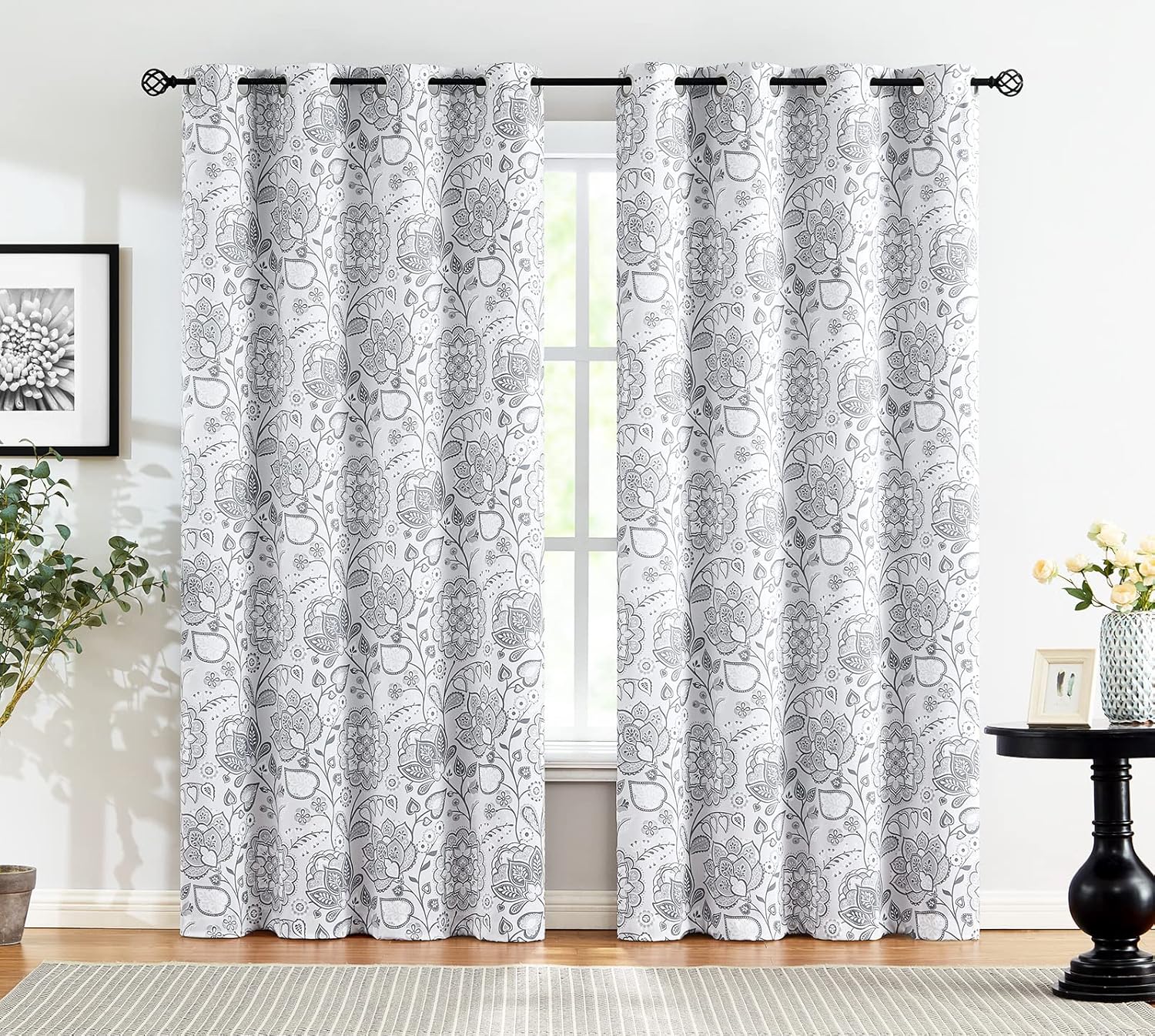 FMFUNCTEX 100% Blackout Floral Curtains for Bedroom, Grey Scroll Flower Patterned Curtains 96 Inches Long for Living Room, Jacobean Thermal Insulated Vintage Window Drapes Grommet Top 2 Panels Set 50"W x 96"L (Pack of 2) Jacobean | Grey