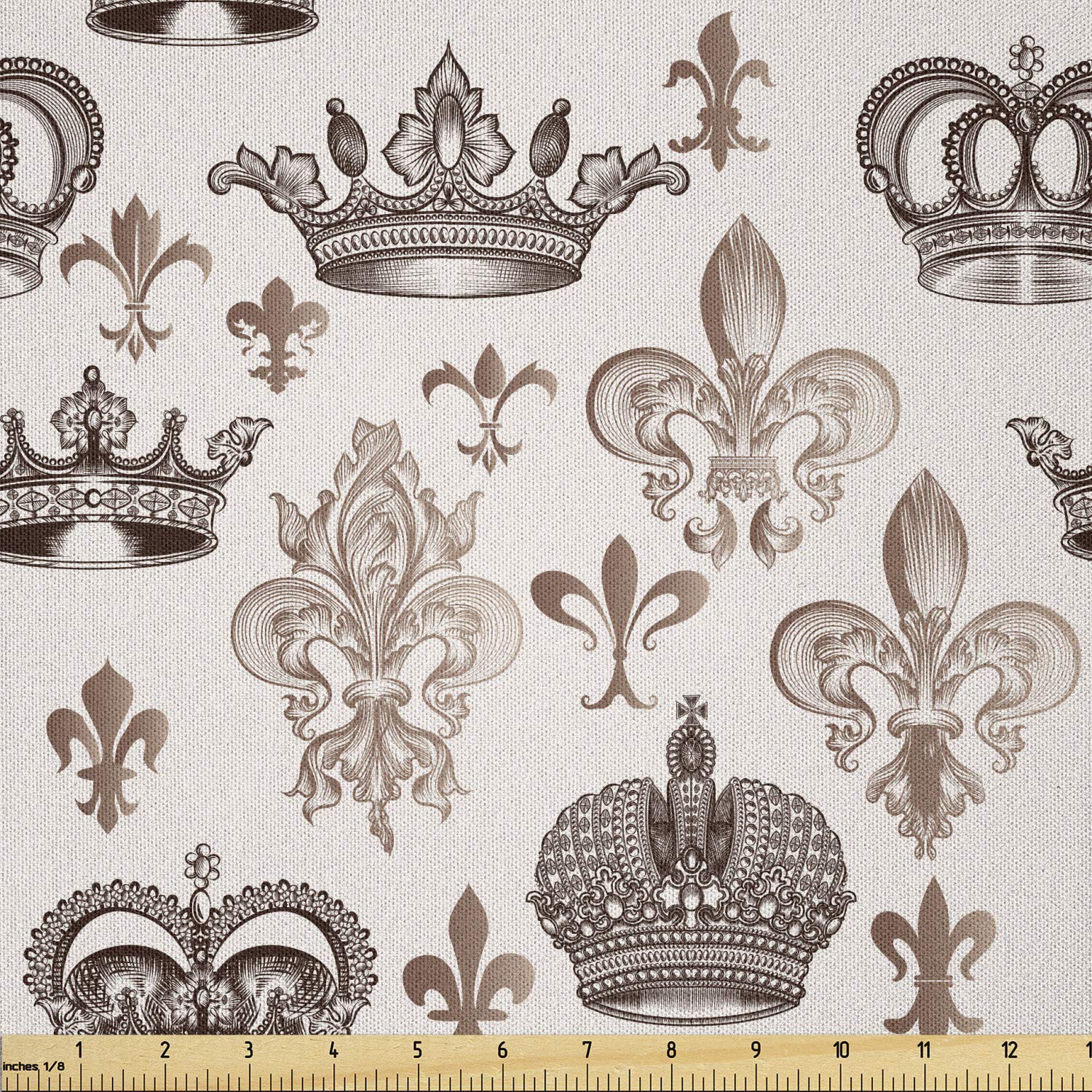 Lunarable Fleur De Lis Fabric by The Yard, Crowns and Fleur-de-Lis Shapes in Engraved Style Fame Symbolic Artwork Print, Microfiber Fabric for Arts and Crafts Textiles &amp; Decor, 1 Yard, Beige Tan