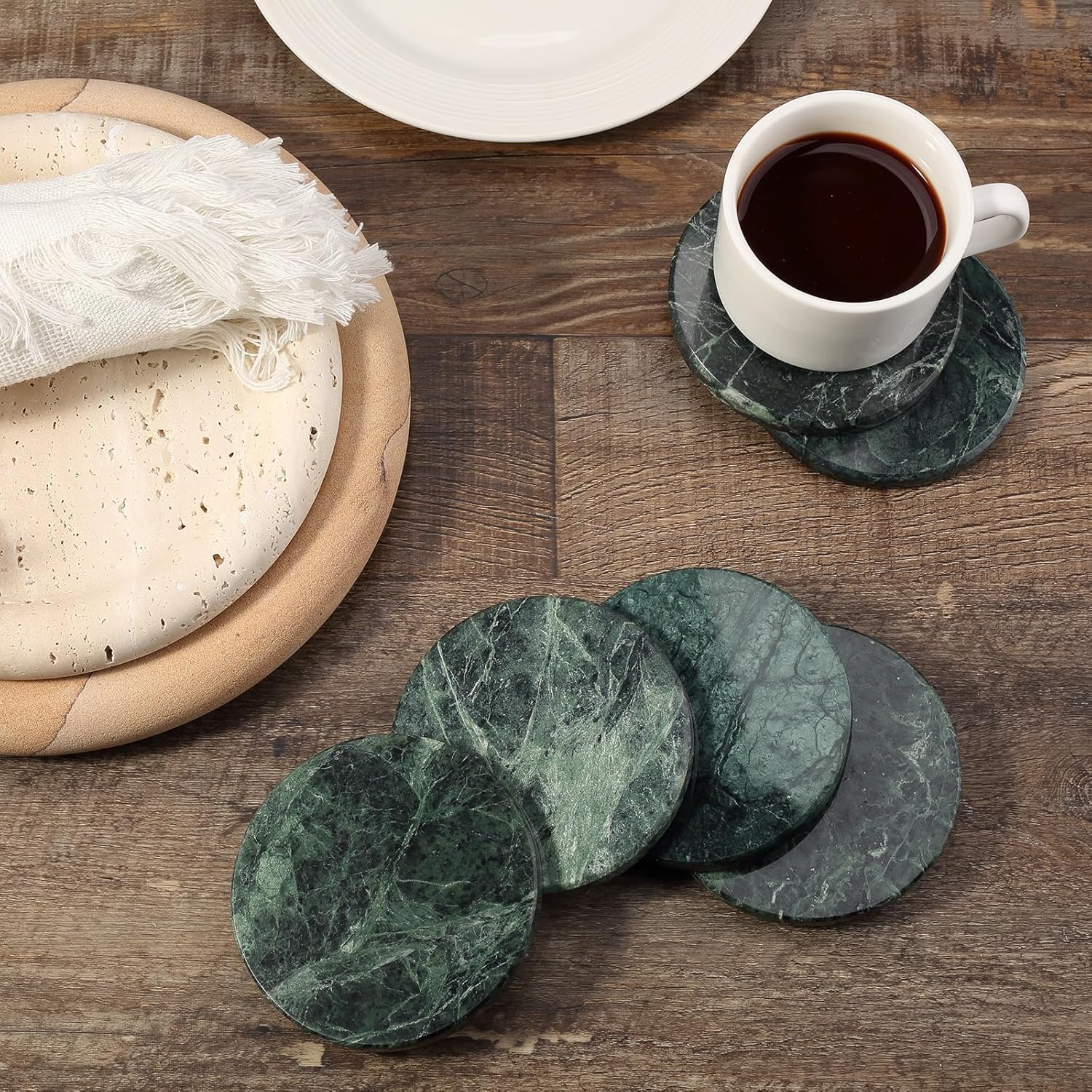 Koville Green Marble Coasters Set of 6, 3.9 Inch Round Coaster for Drinks, Drink Coaster for Tabletop & Coffee Table Decor, Ideal Home Decor House Warming Gifts, Luxury Aesthetic Stone Coasters