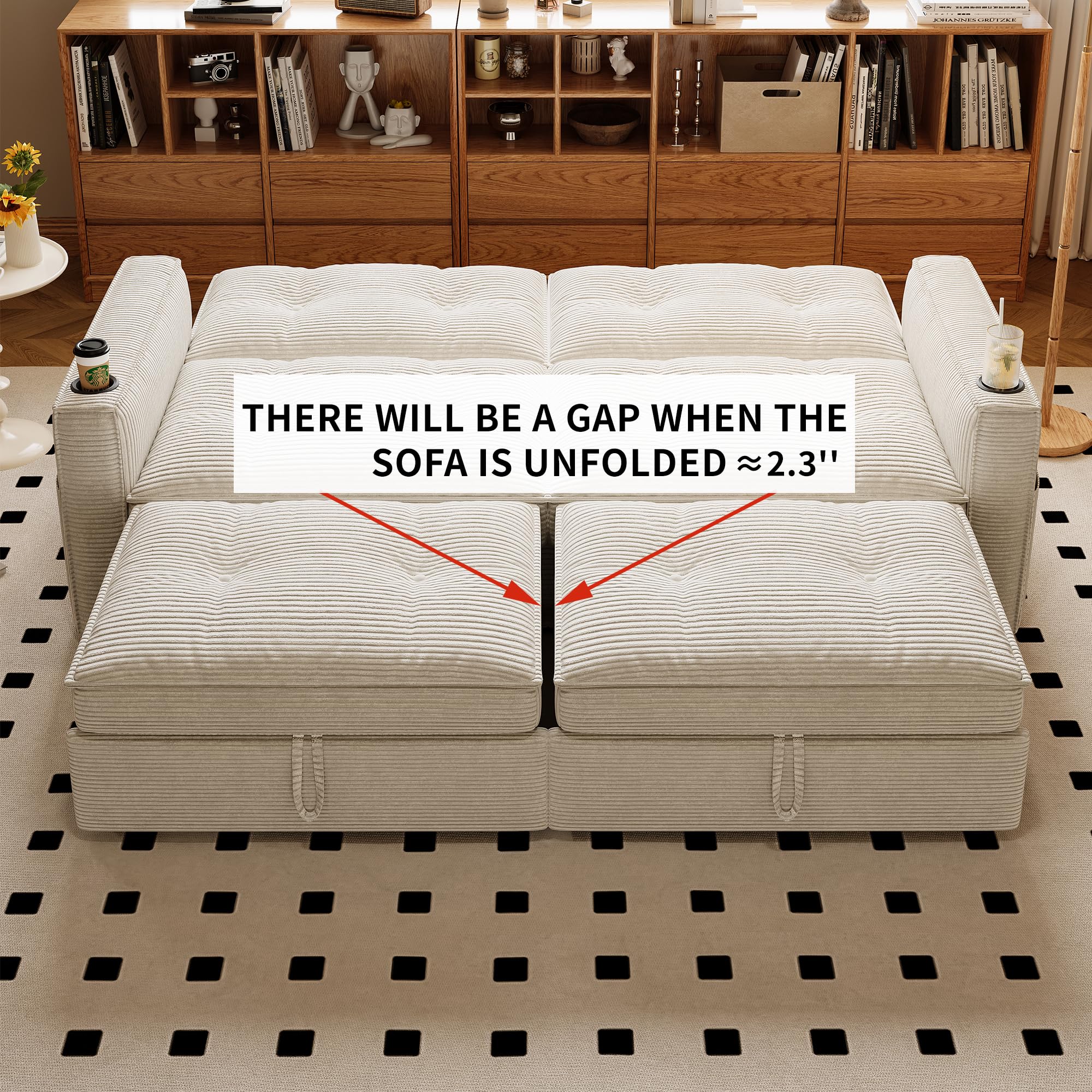 73.2'' Sleeper Sofa Full Size, Pre-Assembled Corduroy Futon, Beige | Convertible Pull Out Couch with Adjustable Backrest, Cup Holders, Pockets, USB, Loveseat for Living Room, Apartment