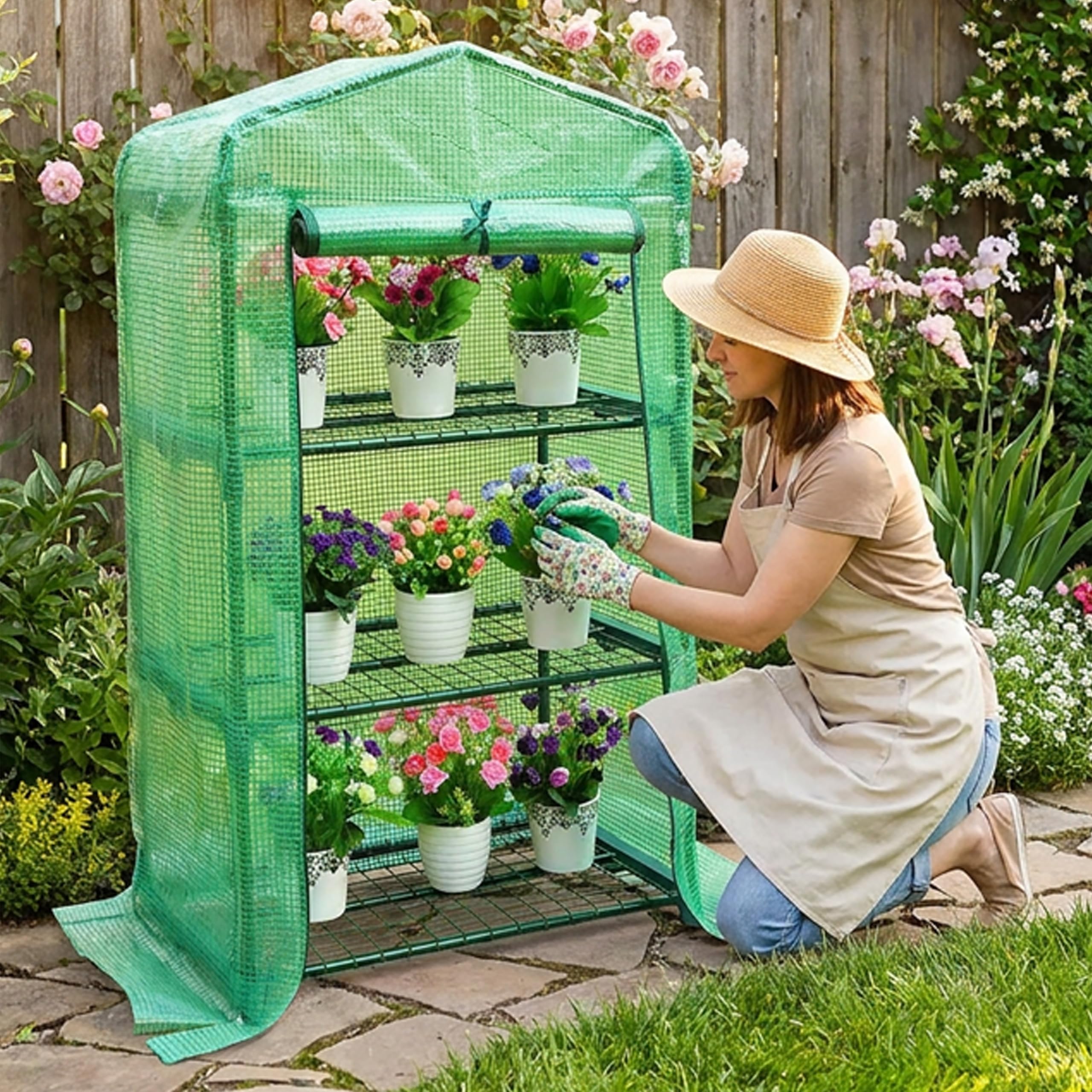 Garden Universe Greenhouse Green PE Cover 3 Shelves W 0.69m x D 0.49m x H 1.27m RollUp Door Polytunnel GH06G