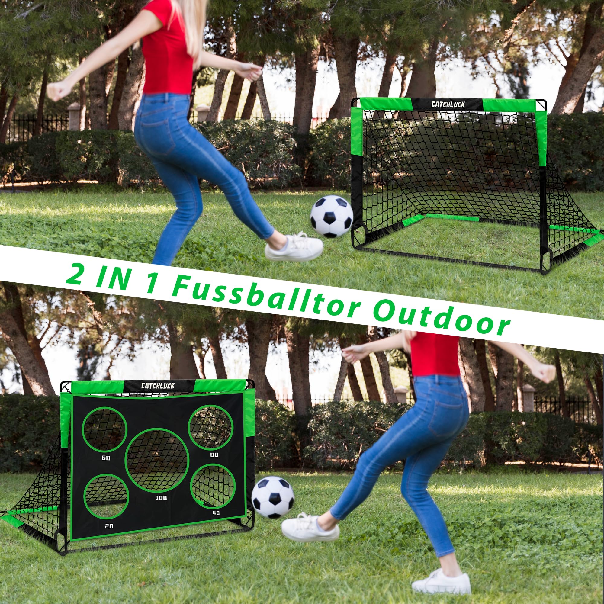 Fussballtore für Garten Kinder Fussballtor 2 In 1 Fussball Tor Pop Up Tor mit Schussloecher und Tragetasche, Bodennägeln