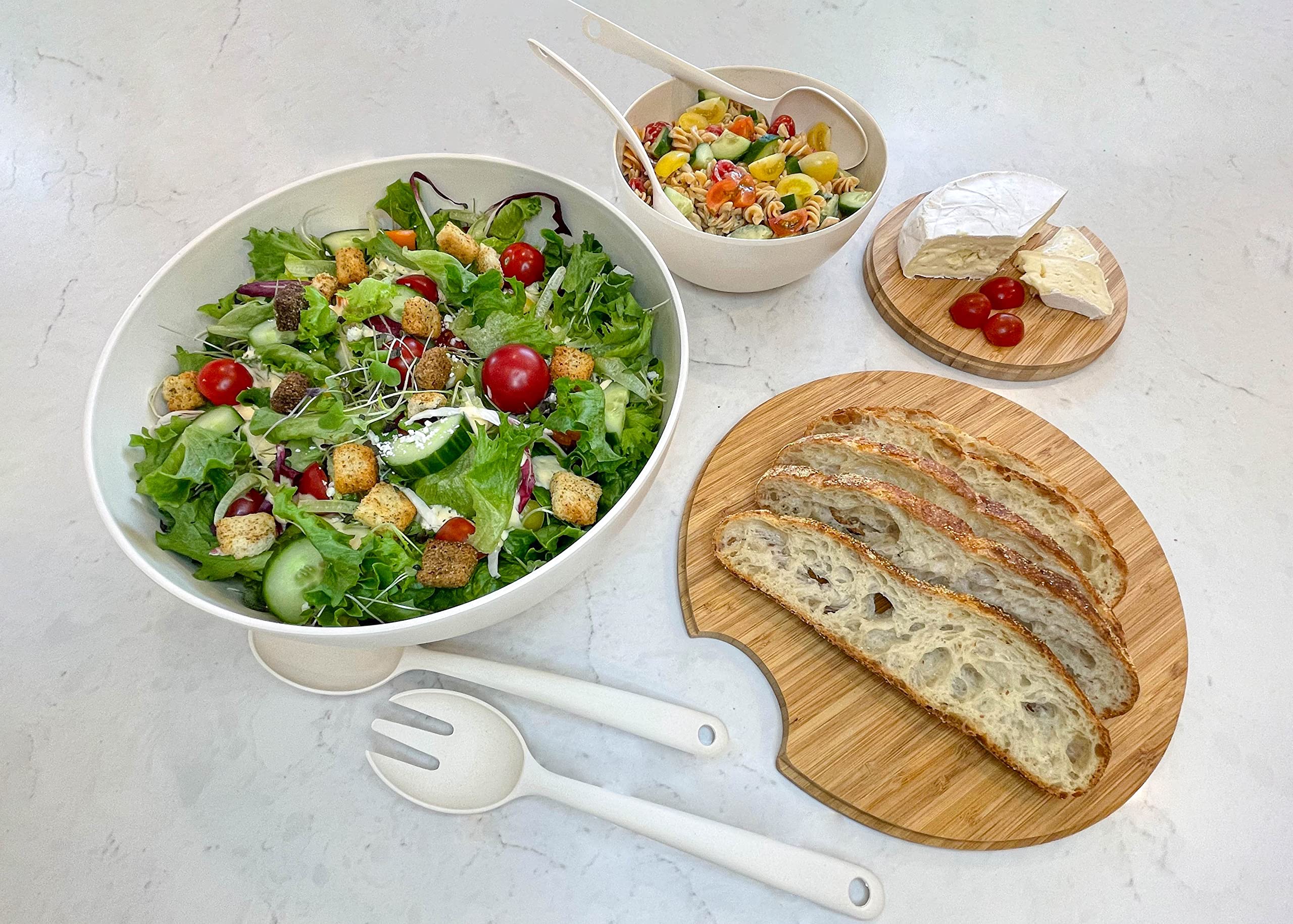 Grande ciotola per insalata e servire con coperchio in legno di bambù e server, set da 8 pezzi, 29,2 cm e 20,3 cm in fibra di bambù con top in legno (bianco naturale)