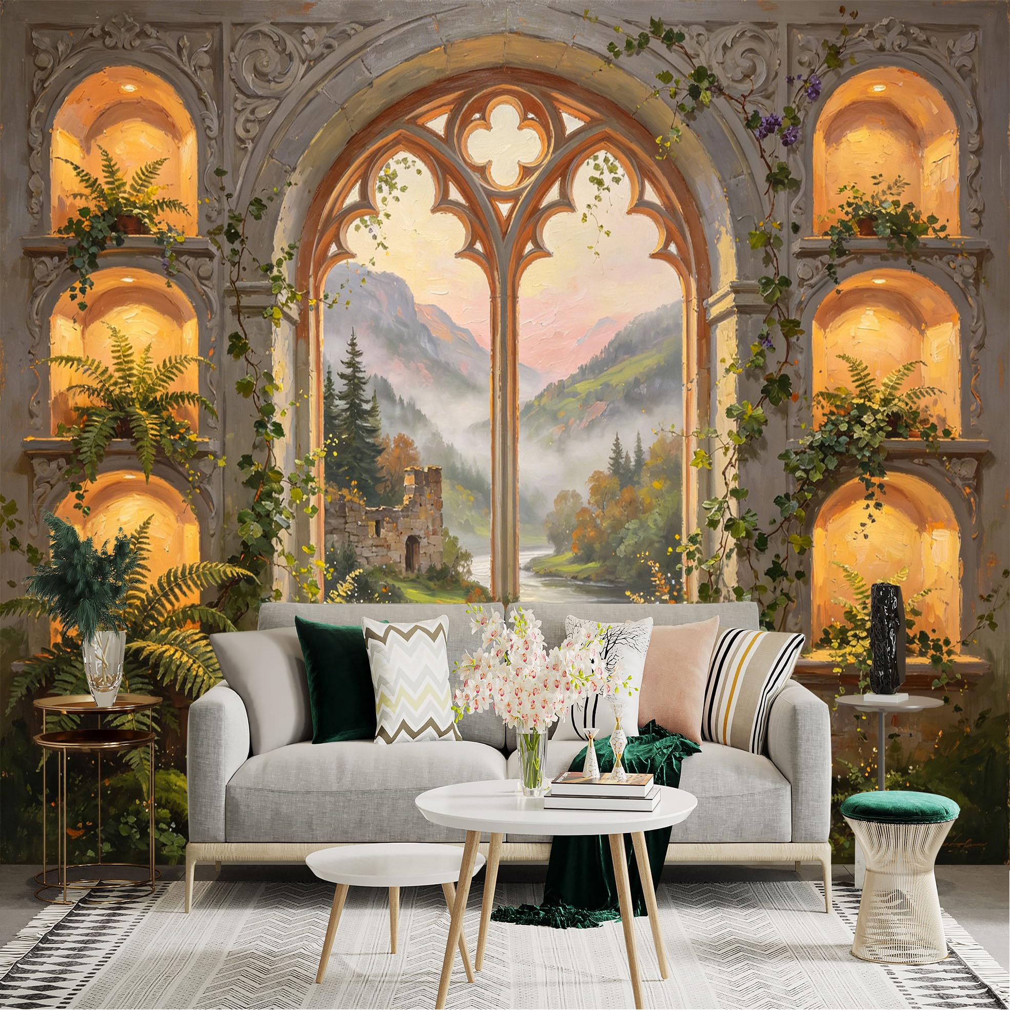 Custom Size Wall Sticker Mural， Medieval Stone Arch with River， Castle Ruins and Mountain Landscape， for wall Decoration， peelandstick wall Decals.