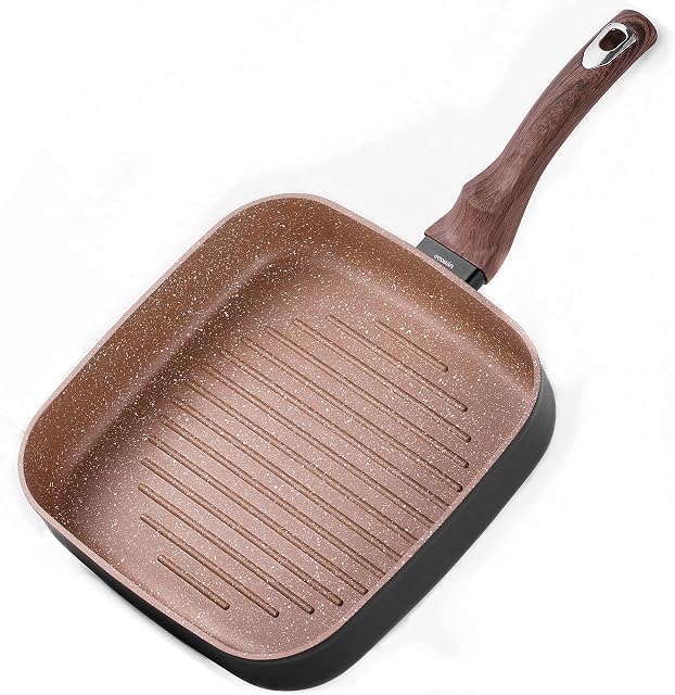 Square Grill Steak Pan, 10 Inch Square Griddle Frying Pan Granite Coating PFOA Free, Perfect for BBQ Meat Fish Vegetables Bacon, Induction Compatible, Easy to Clean