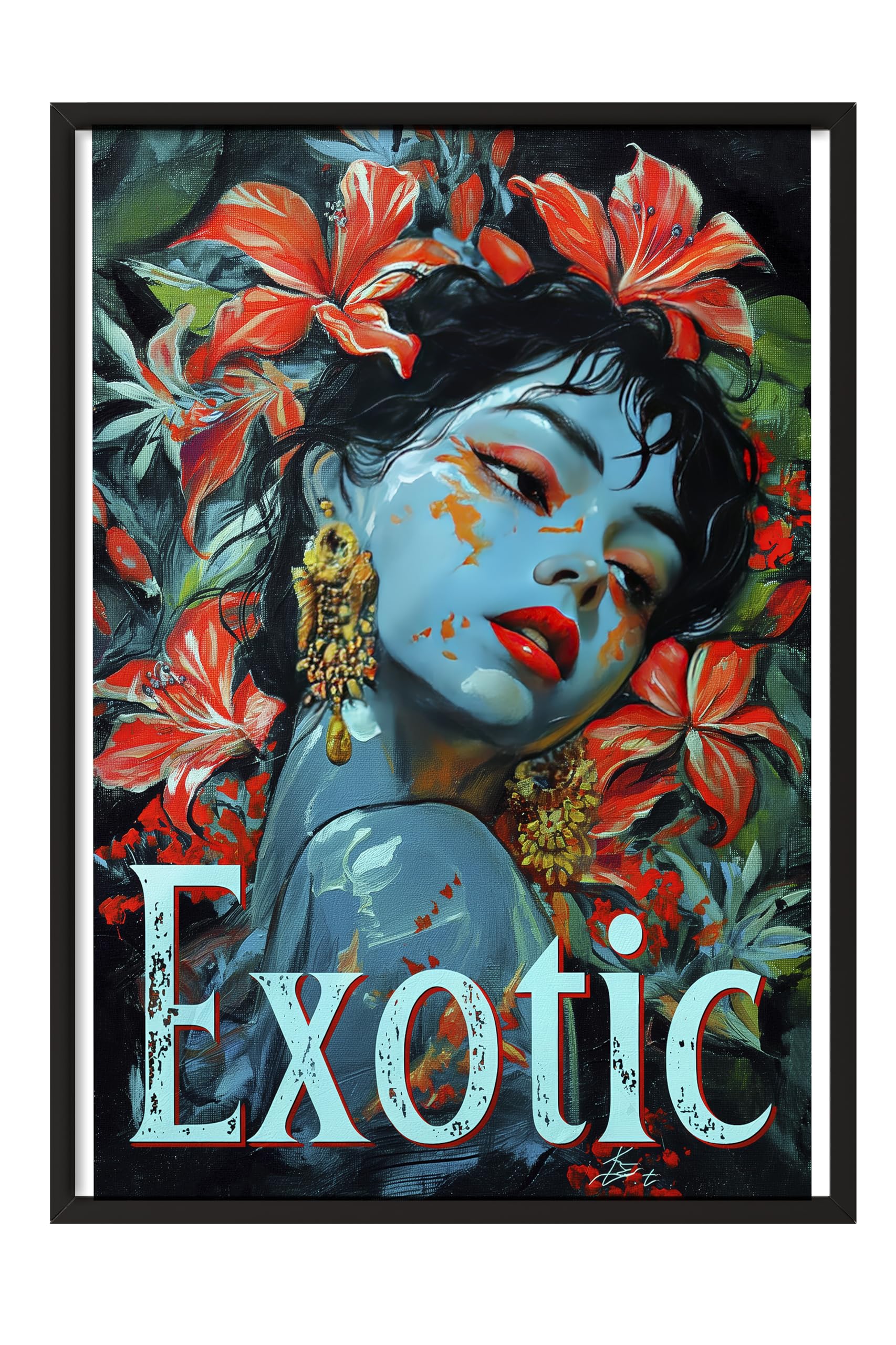 Zestia Siyah Çerçeveli Tablo, Kadın Portresi, Kırmızı Çiçekler ve Mavi Ten, Exotic Yazılı Poster No: 106584 15 x 21
