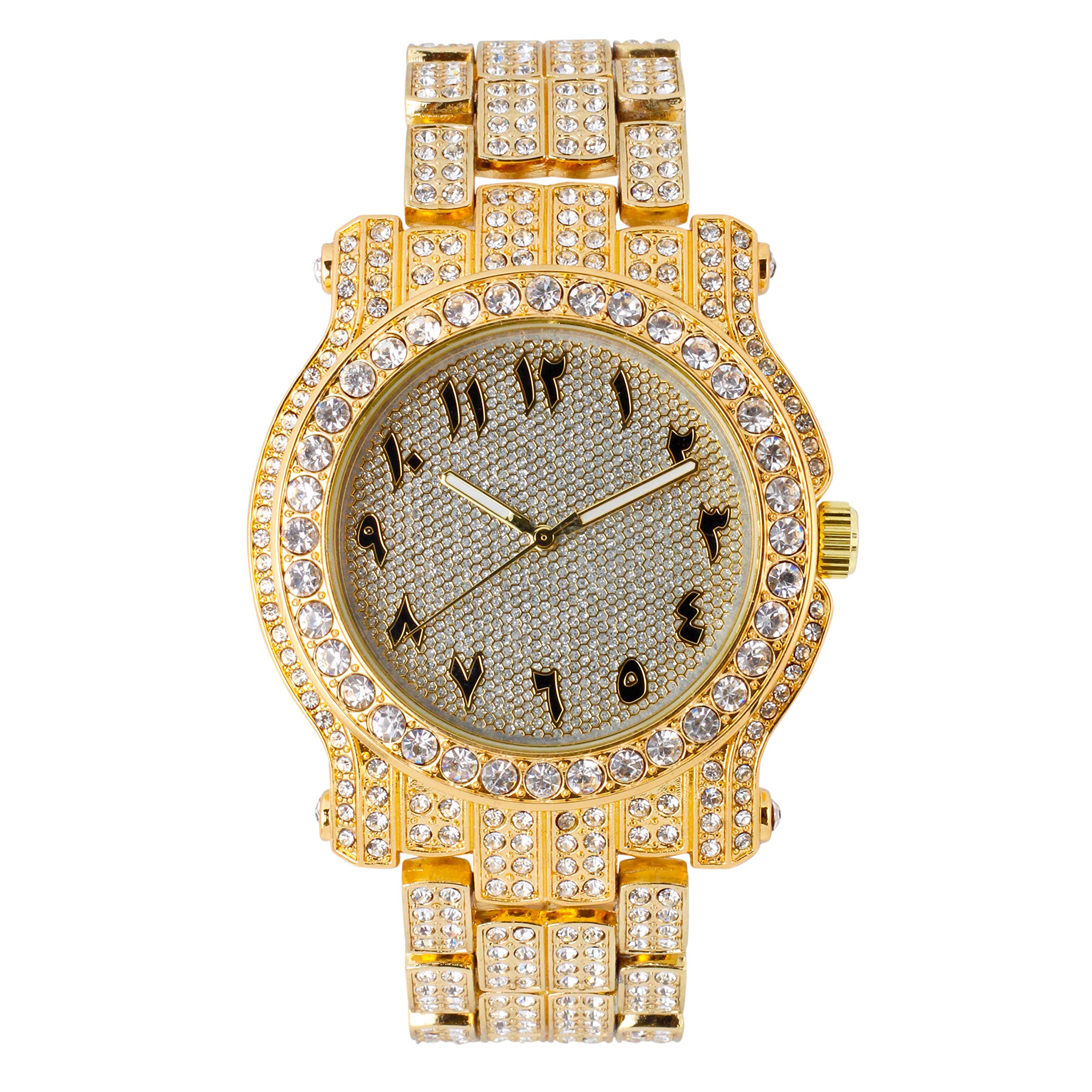 Mens Iced Arabic Dial Watch with Arab Index Dial and Simulated Lab Diamonds - Fully Adjustable Metal Band Diamond Watch - Quartz Movement - 14k Gold, Silver or Two Tone