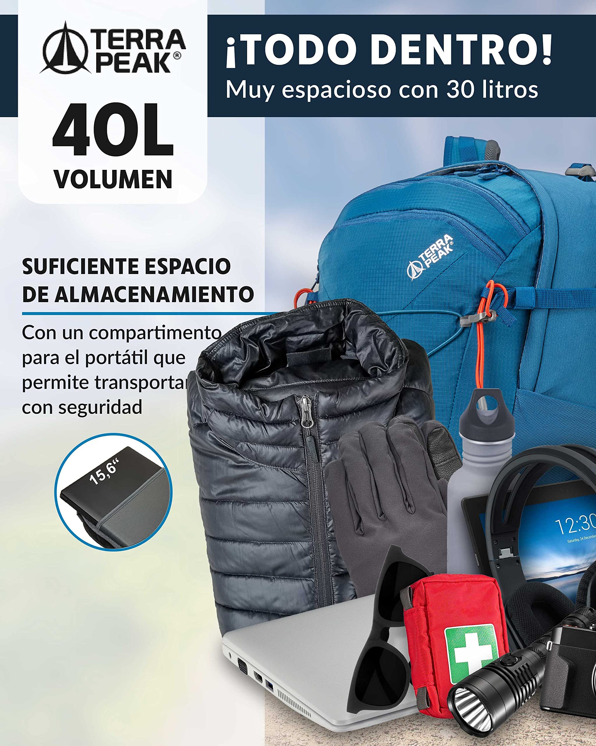 Terra Peak® Mochila de Senderismo 40L para hombre y mujer (FLEX 40 GRANDE) - Mochila de montaña, trekking y viaje para exteriores, ergonómica e impermeable con ventilación trasera (transpirable)