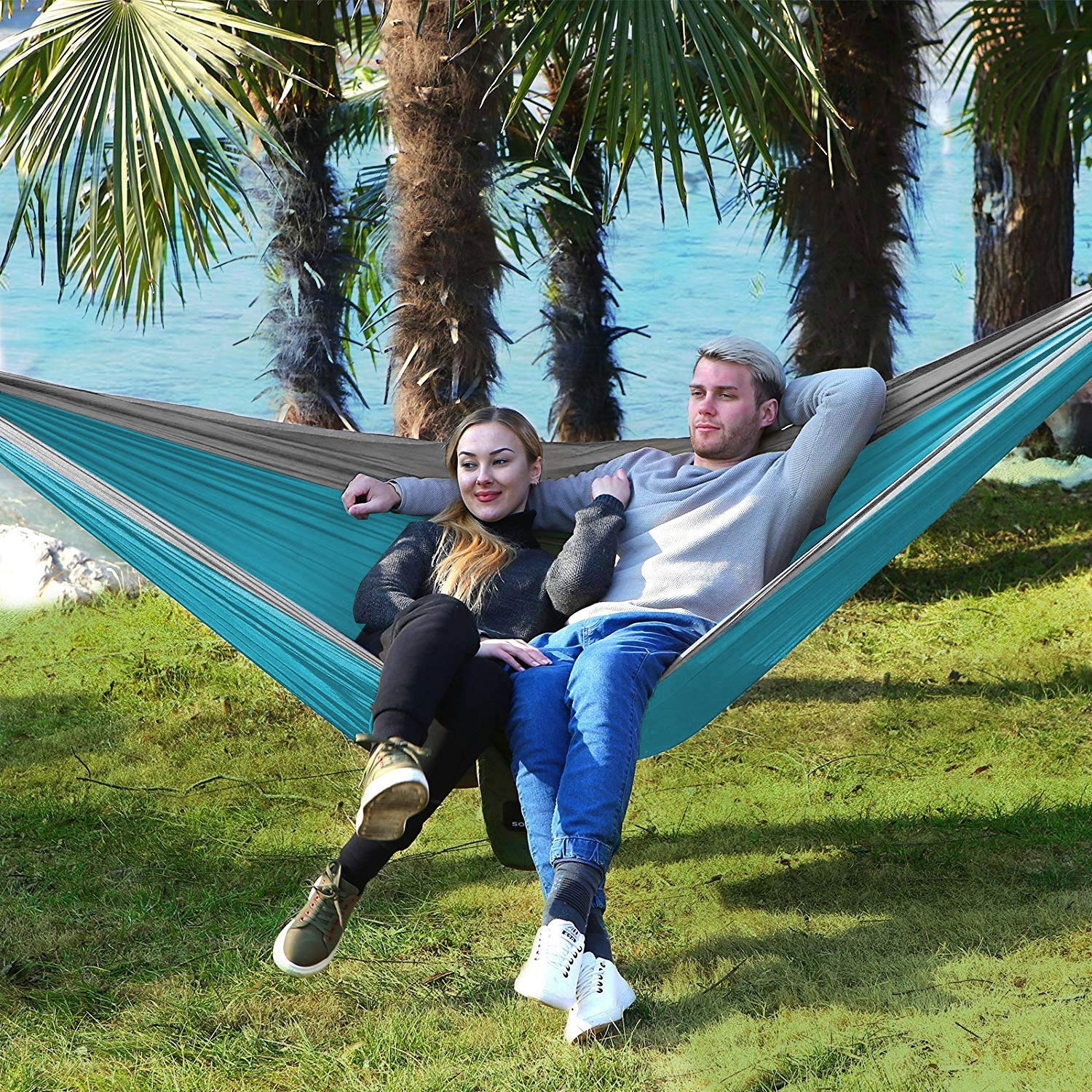 Amaca Doppia Imbottita SONGMICS Con Barre In Bambù - Portata 225kg, Blu E Beige, Per Giardino E Campeggio - Foto 6