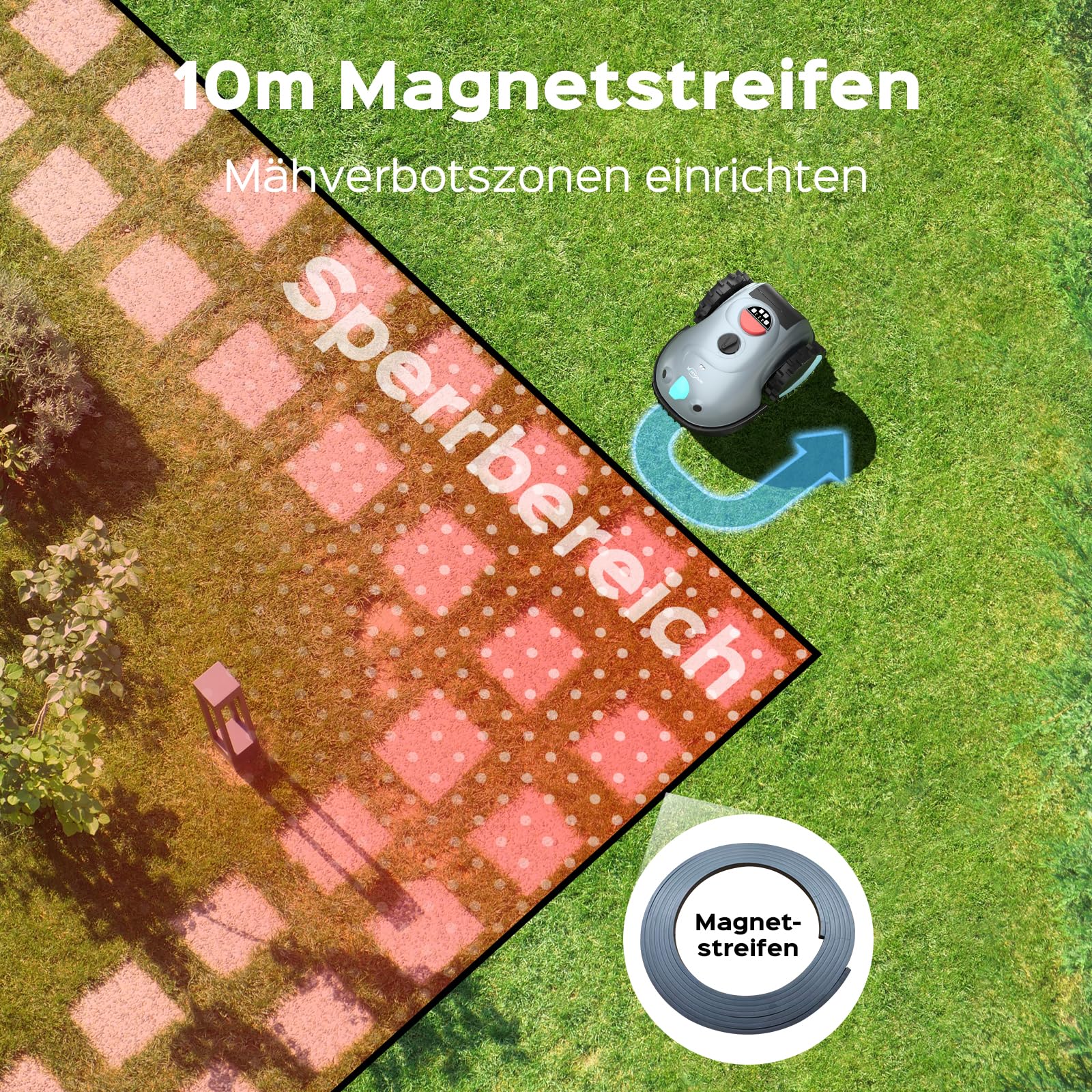 YARDCARE V100 Mähroboter ohne Begrenzungskabel, mit Vision-Navigation, Hindernisvermeidung(150 Arten), 4,0 Ah Akku Rasenmäher Roboter, Rasenroboter mit Ersatzklingen, Geeignet für kleine Gärten