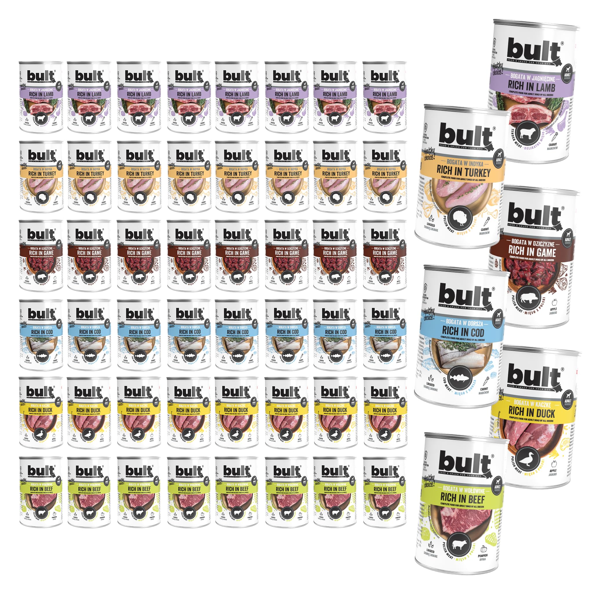 BULT Hundefutter Nass Dose 48x400g Mix | 6 Sorten: Dorsch, Wild, Truthahn, Lamm, Ente, Rind, hoher Fleischanteil
