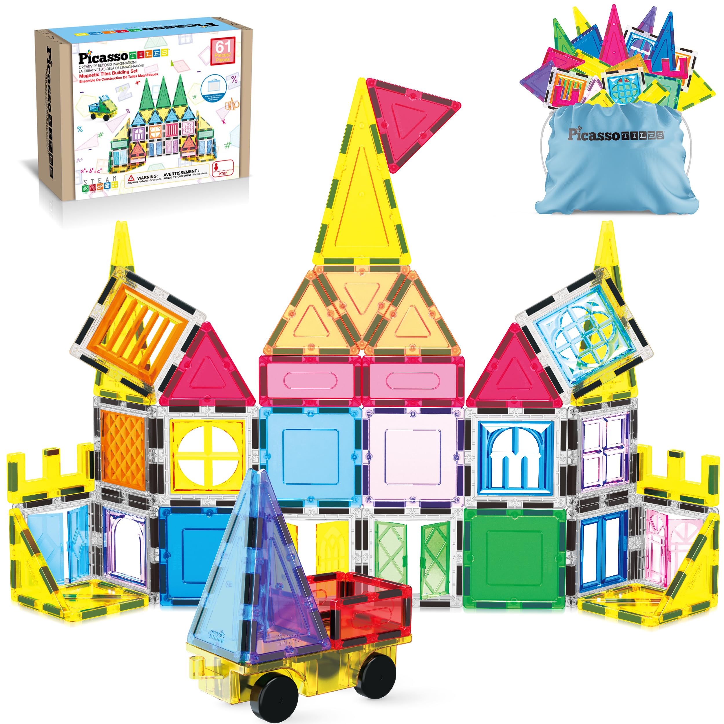 Magnetic Tiles 61 Piece Magnet Tile Building Blocks Construction Sensory Toy Set with Carry Bag Storage Bin Container STEM Toddler Learning Educational Pretend Play Boy Girl Ages 3+ PT07