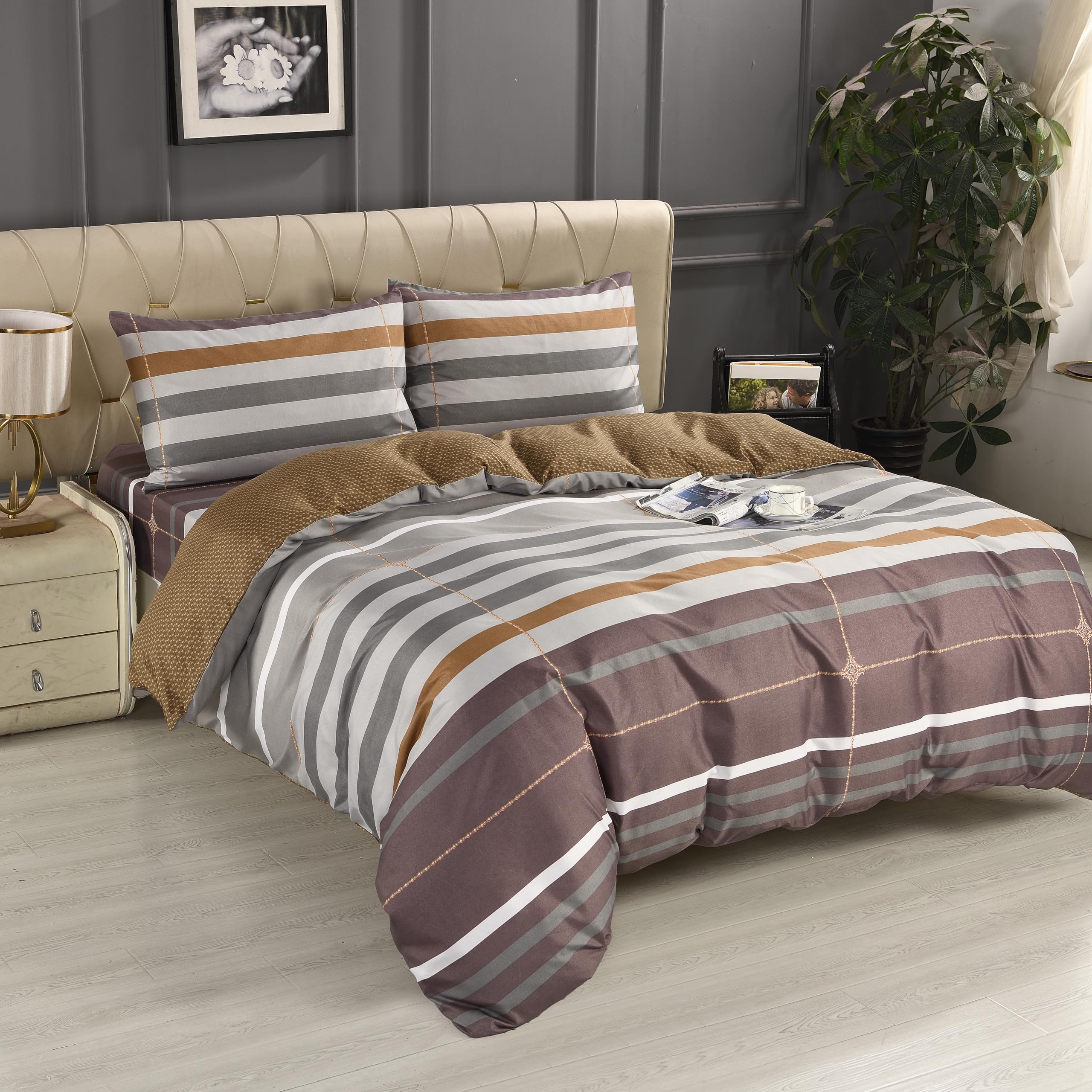 Textile Home Home Décor Brown Stripe King Bedding Set 4 Piece - Wrinkle-Free Soft Microfiber Duvet & Fitted Sheet Set