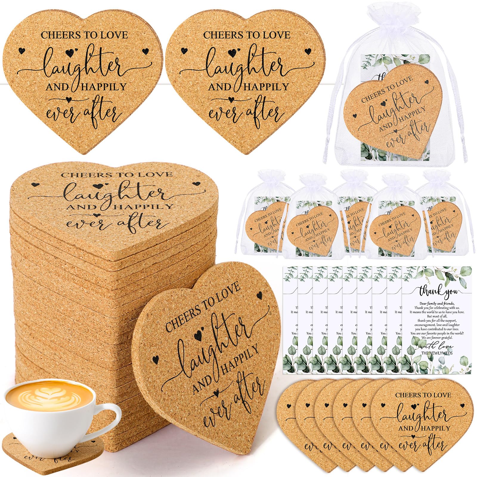 Uiifan 100 Set Wedding Favors for Guest Coaster Gifts Bulk Heart Shaped Coasters Thank You Cards Organza Bags Guest Souvenirs for Wedding Party Bridal Favors