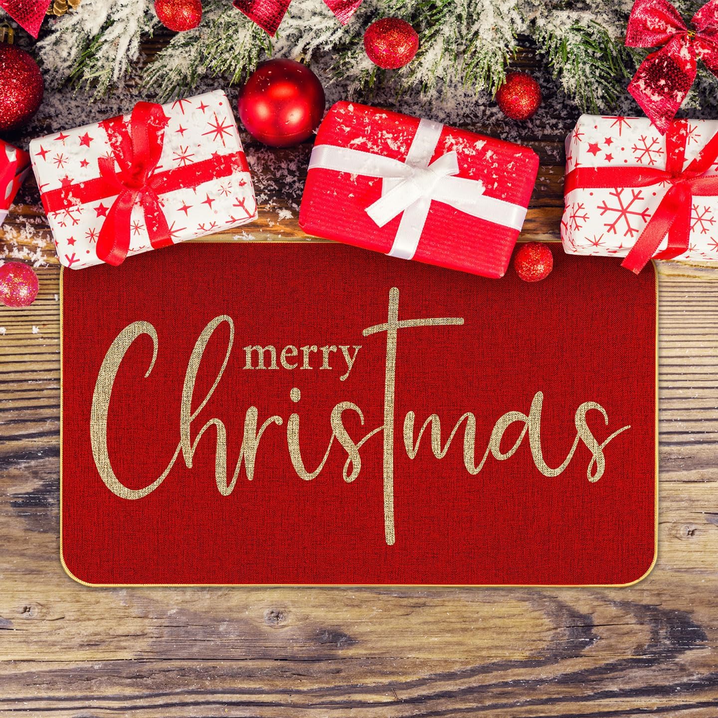 Red Merry Christmas Welcome Decorative Doormat, Seasonal Winter Low-Profile Floor Rug for Indoor Outdoor 17x29 Inch