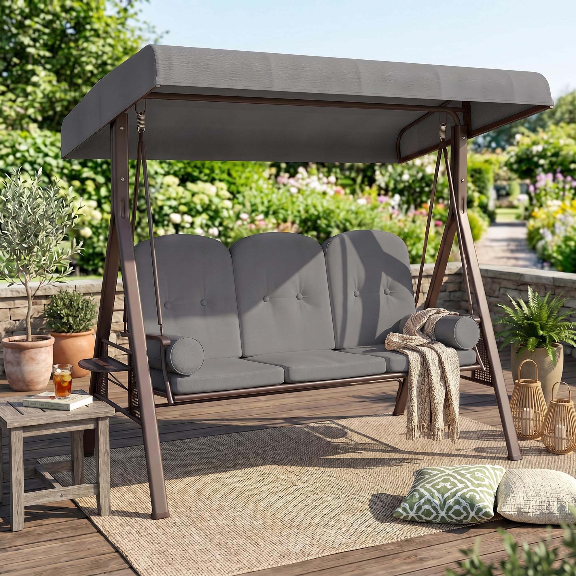 Outsunny Dondolo da Giardino 3 Posti con Tettuccio Parasole Regolabile, Dondolo da Esterno con Portabicchieri e Cuscini Imbottiti, Portata 360 kg, 208x121x172 cm, Grigio Scuro