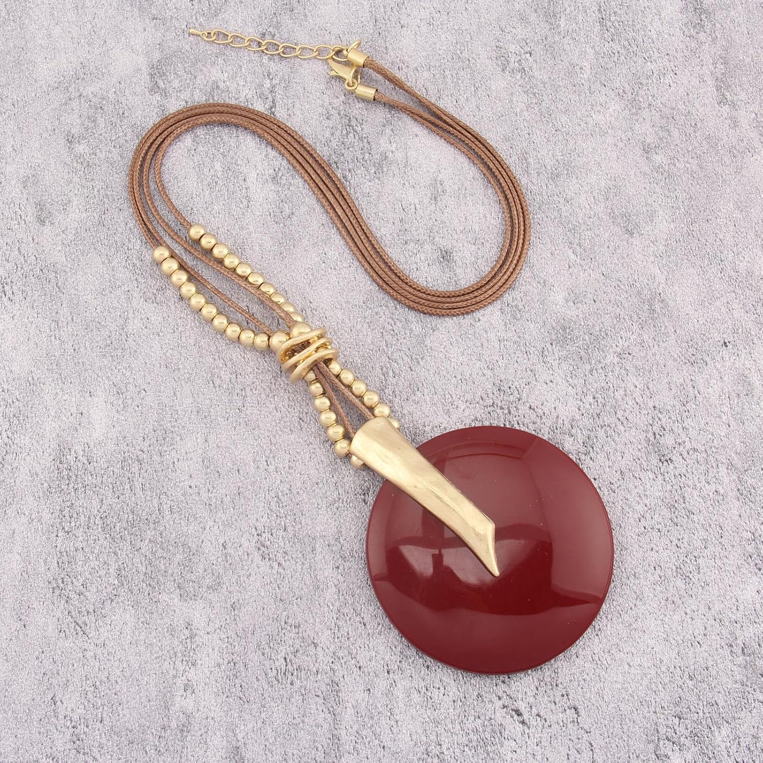 GelConnie Leather Necklace for Women Large Pendant Long Brown Necklace Circle Leather Choker Vintage Sweater Necklace Gold Chunky Boho Necklaces for Women - Image 4