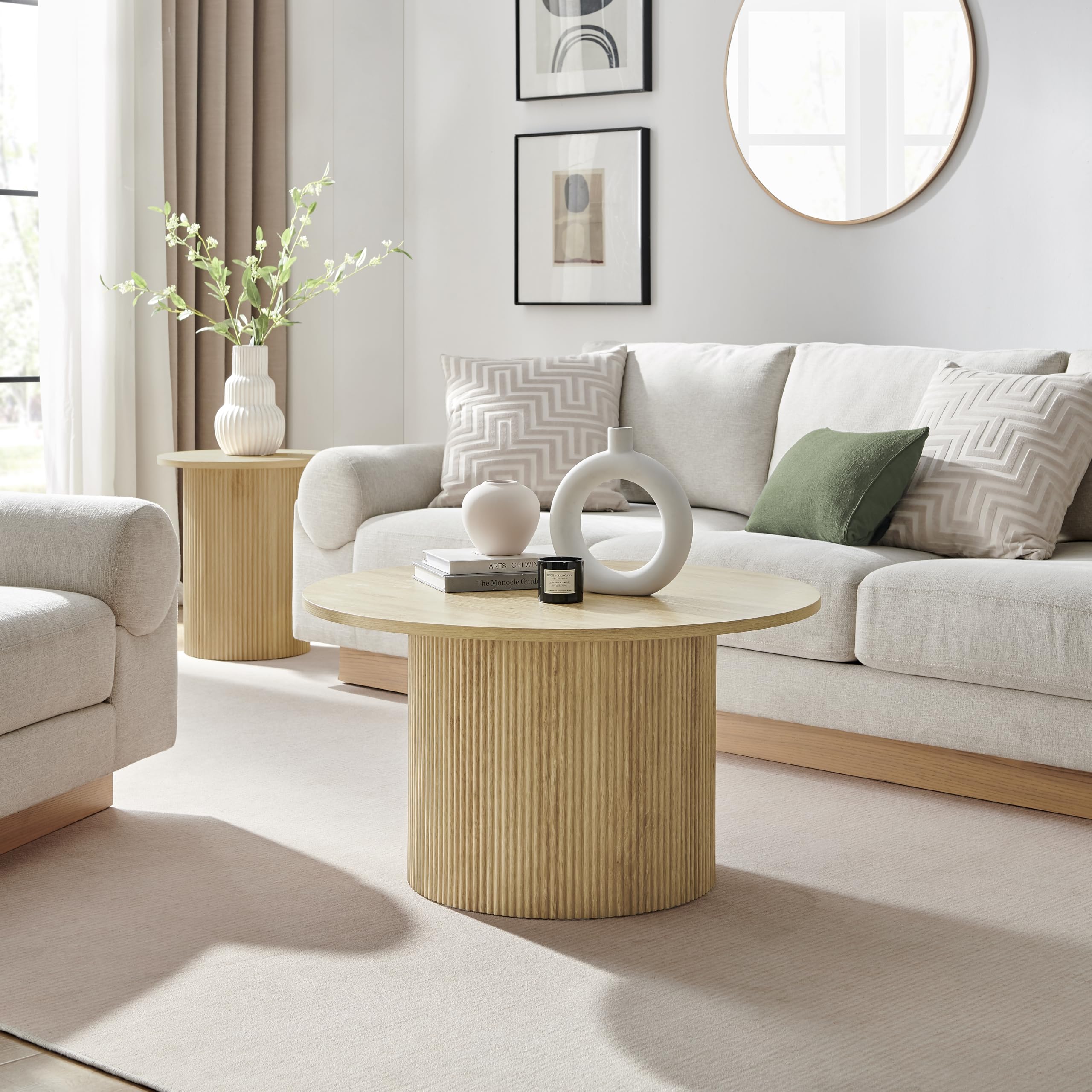 Furniturebox UK Coffee Table - 'Penrose' Oak 80cm Round Wooden Pedestal Coffee Table - Melamine Veneer - Slatted Wood Pillar Leg Modern Minimalist Scandi Japanese Style Living Room Furniture