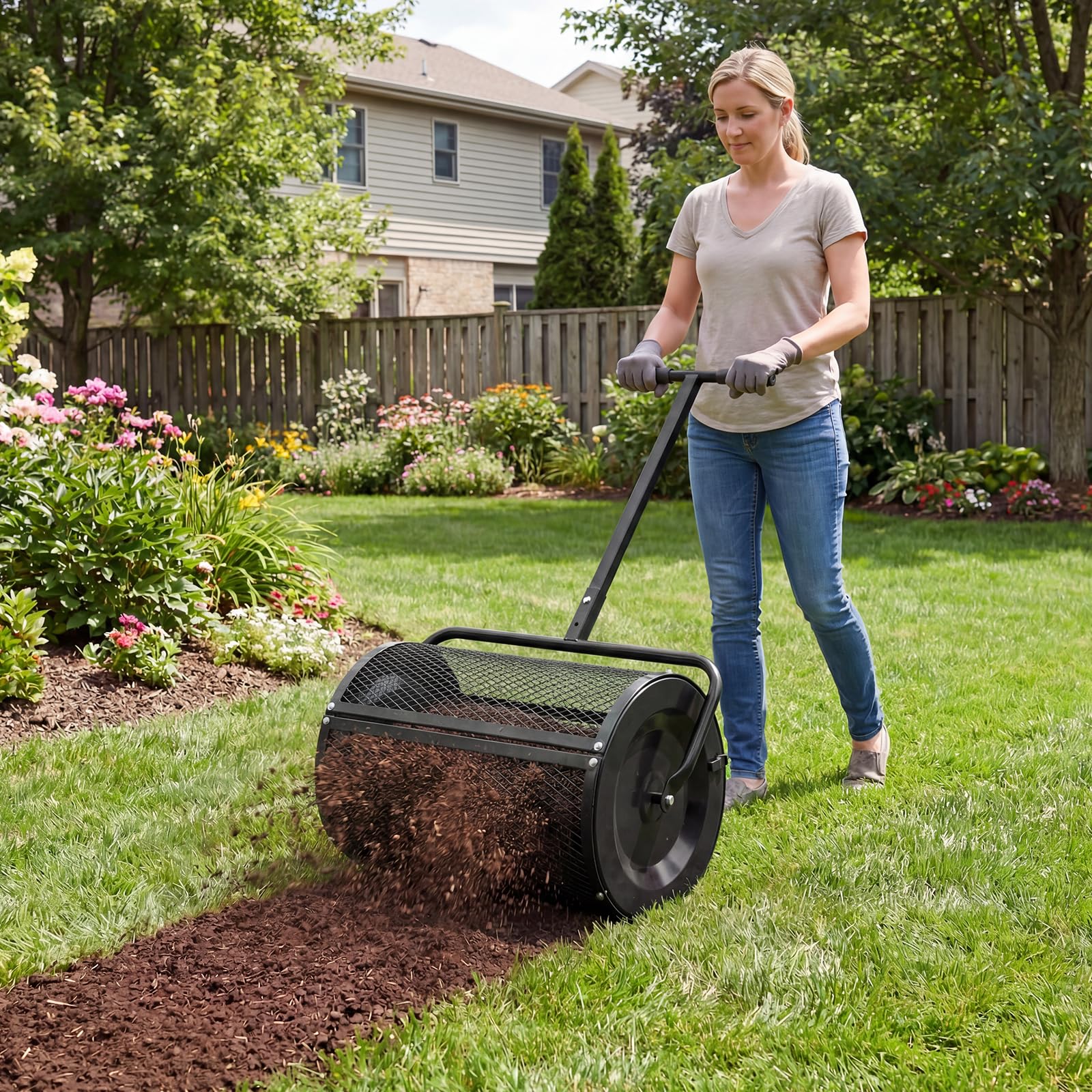 COSTWAY Kompoststreuer 77 L, Torfmoosstreuer mit höhenverstellbarem T-Griff & Mesh-Korb, Ø40x61cm, Düngerstreuer für Garten Rasen, Gartenstreuer für Dünger Saat, Handstreuer Kompostwalze (Schwarz)