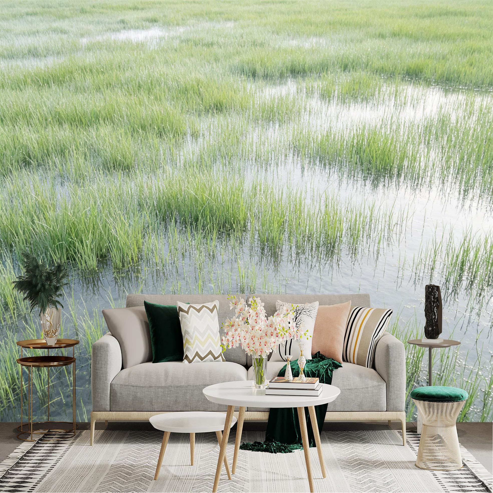 Lnzczhyre Dbh260521913 Custom Size Wall Sticker Mural， Green Wet Meadow， Lush Aquatic Plants， Tranquil Water Surface， Nature Scenery， For Wall Decoration， Peelandstick Wall Decals.